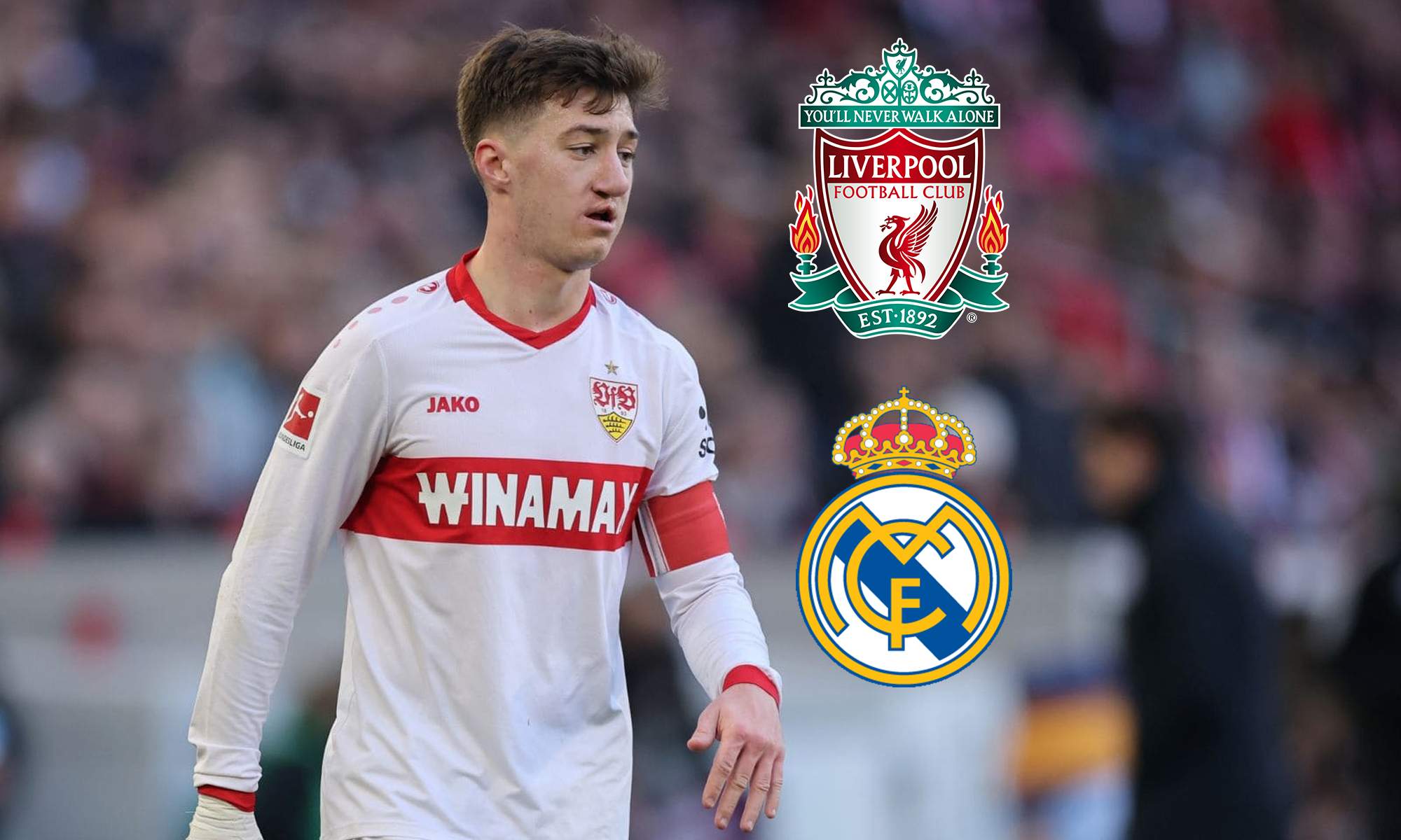 Stiller y los escudos del Liverpool y el Real Madrid.