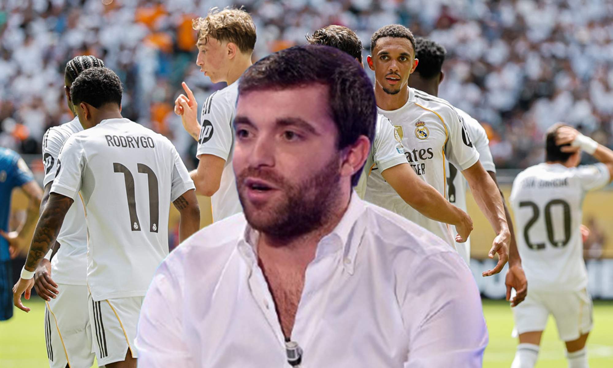 Fabrizio Romano y jugadores del Real Madrid celebrando un gol. 