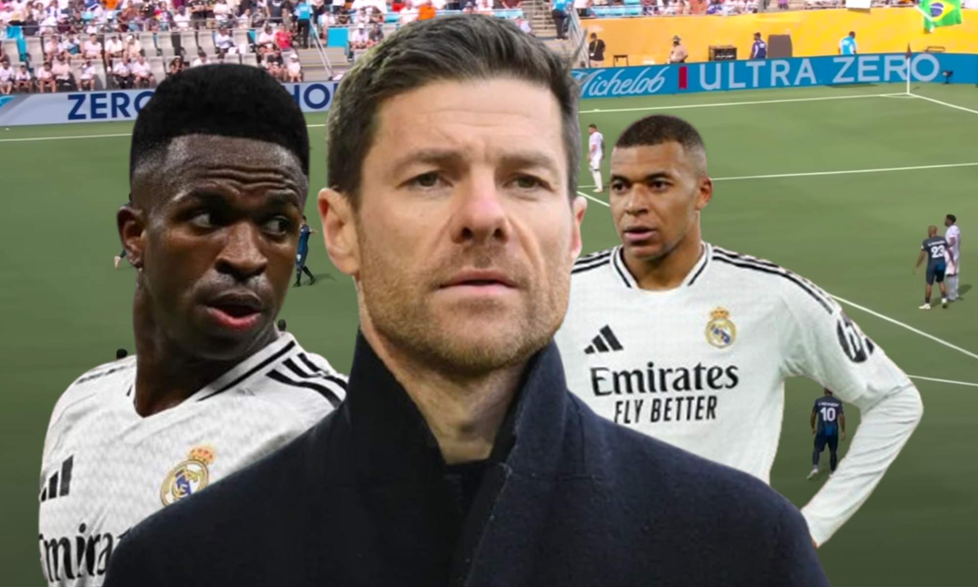 Vinícius Júnior, Xabi Alonso, Kylian Mbappé y una captura de un partido del Real Madrid - Pachuca. 