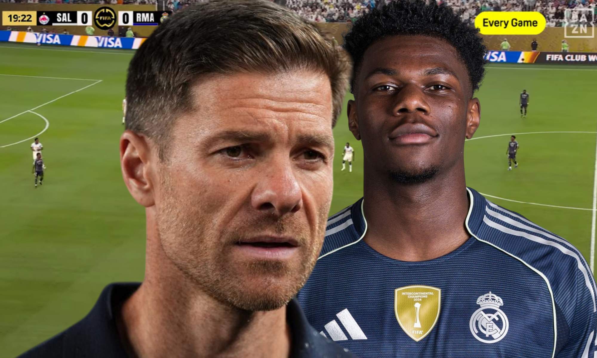 Xabi Alonso felicita a Tchouaméni por su partido ante el Salzburgo