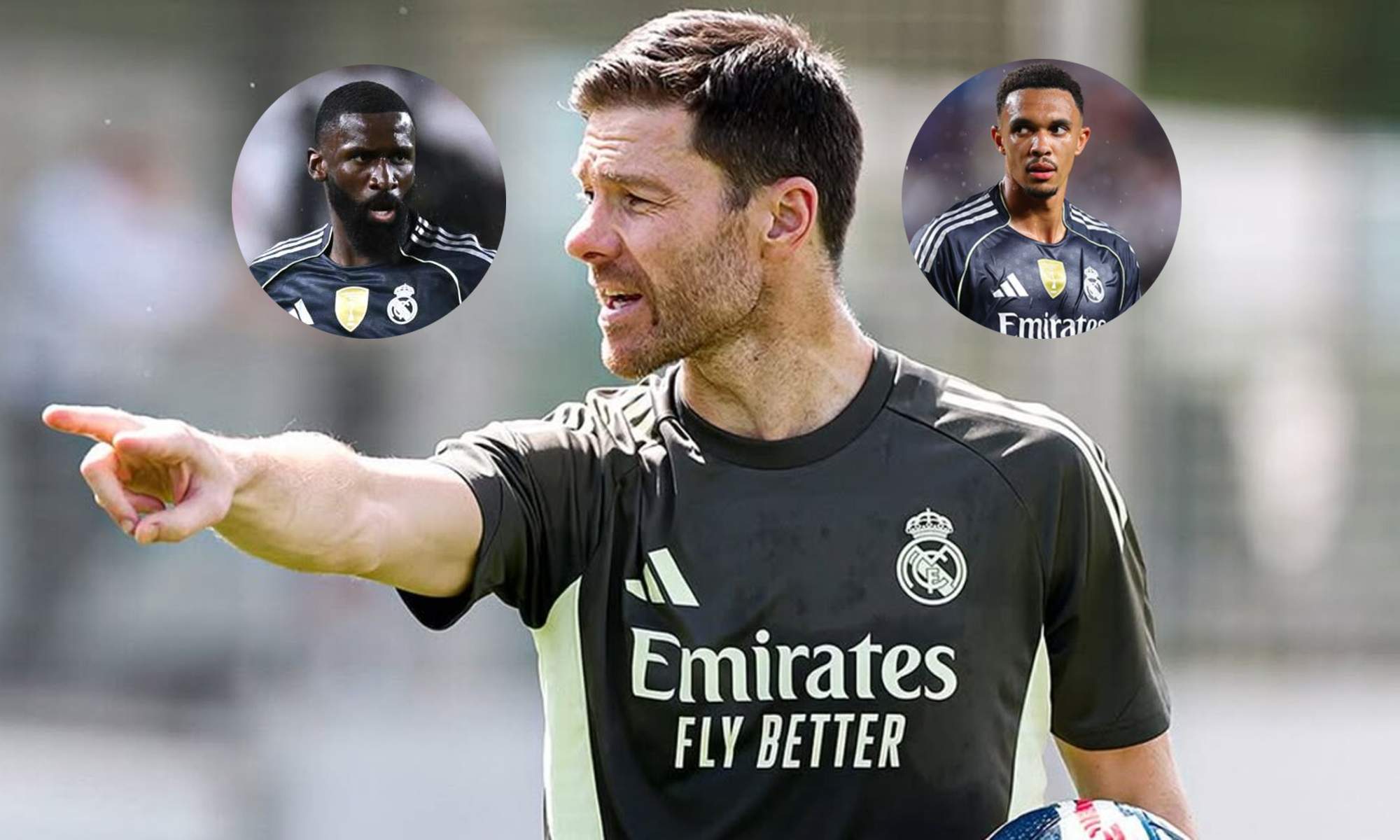 Xabi Alonso y una foto de Antonio Rüdiger y Trent Alexander-Arnold.