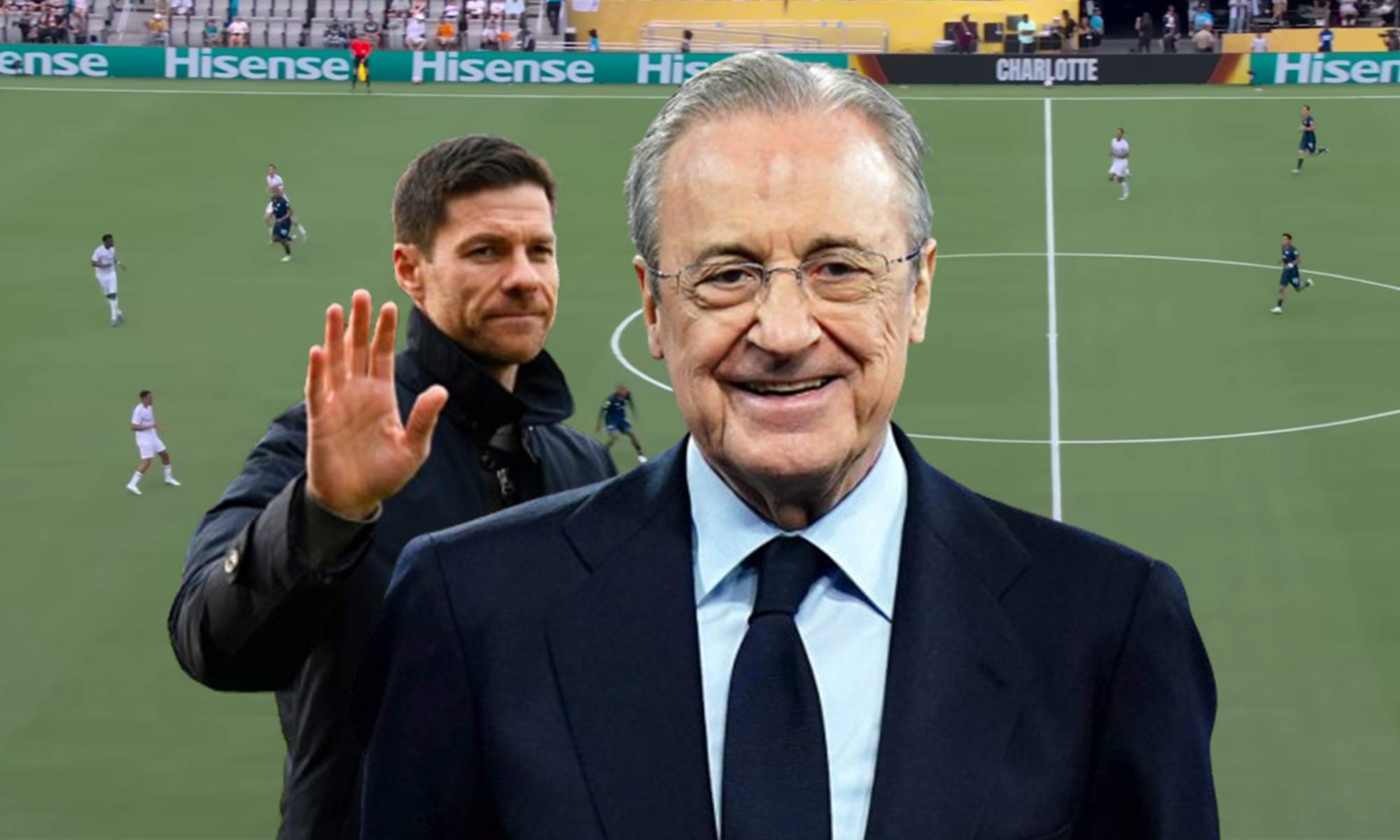 Xabi Alonso, Florentino Pérez y una captura del Real Madrid - Pachuca. 
