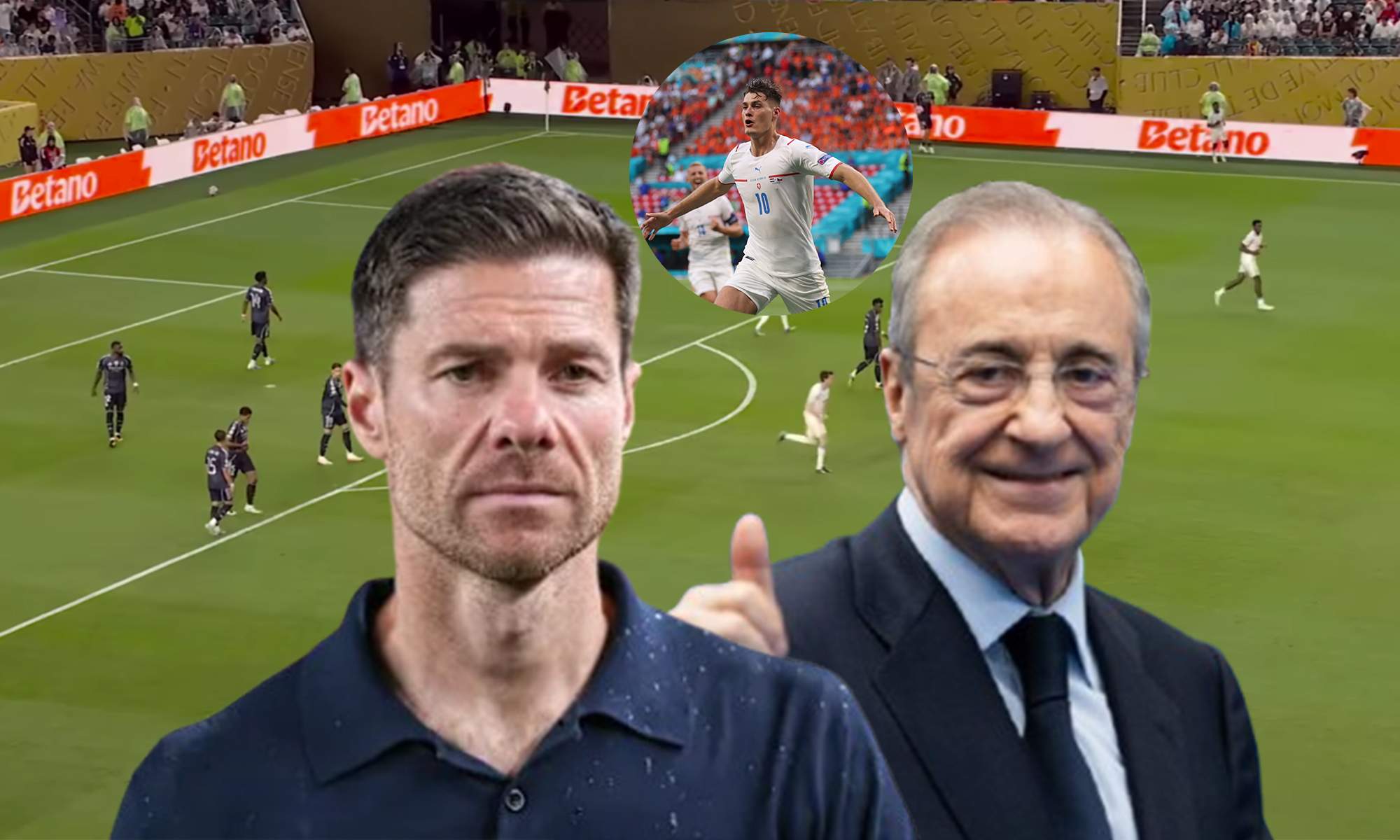 Xabi Alonso, Patrick Schick, Florentino Pérez y una captura de un partido del Real Madrid.
