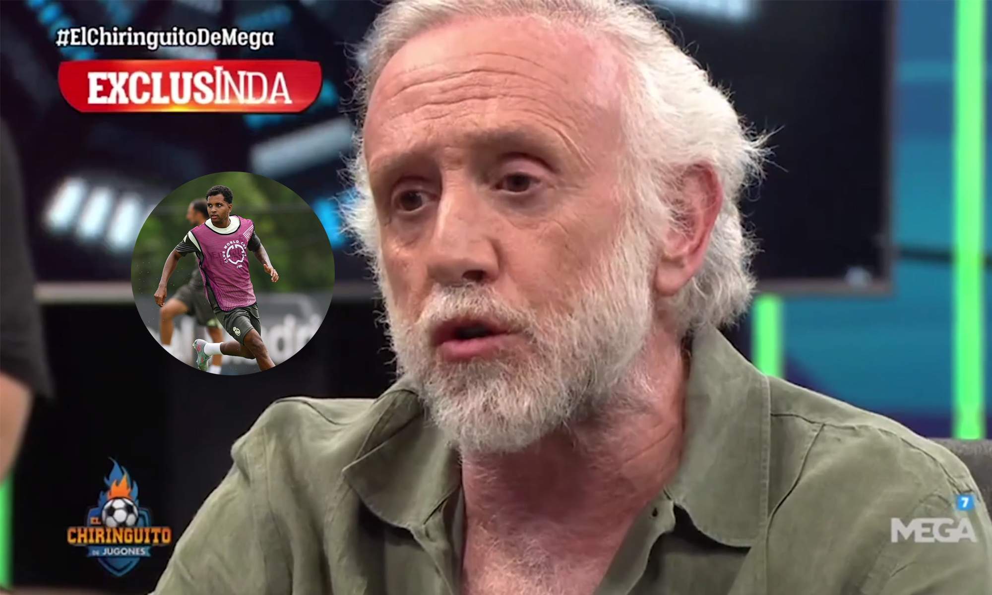 Eduardo Inda y una foto de Rodrygo Goes entrenando con el Real Madrid.