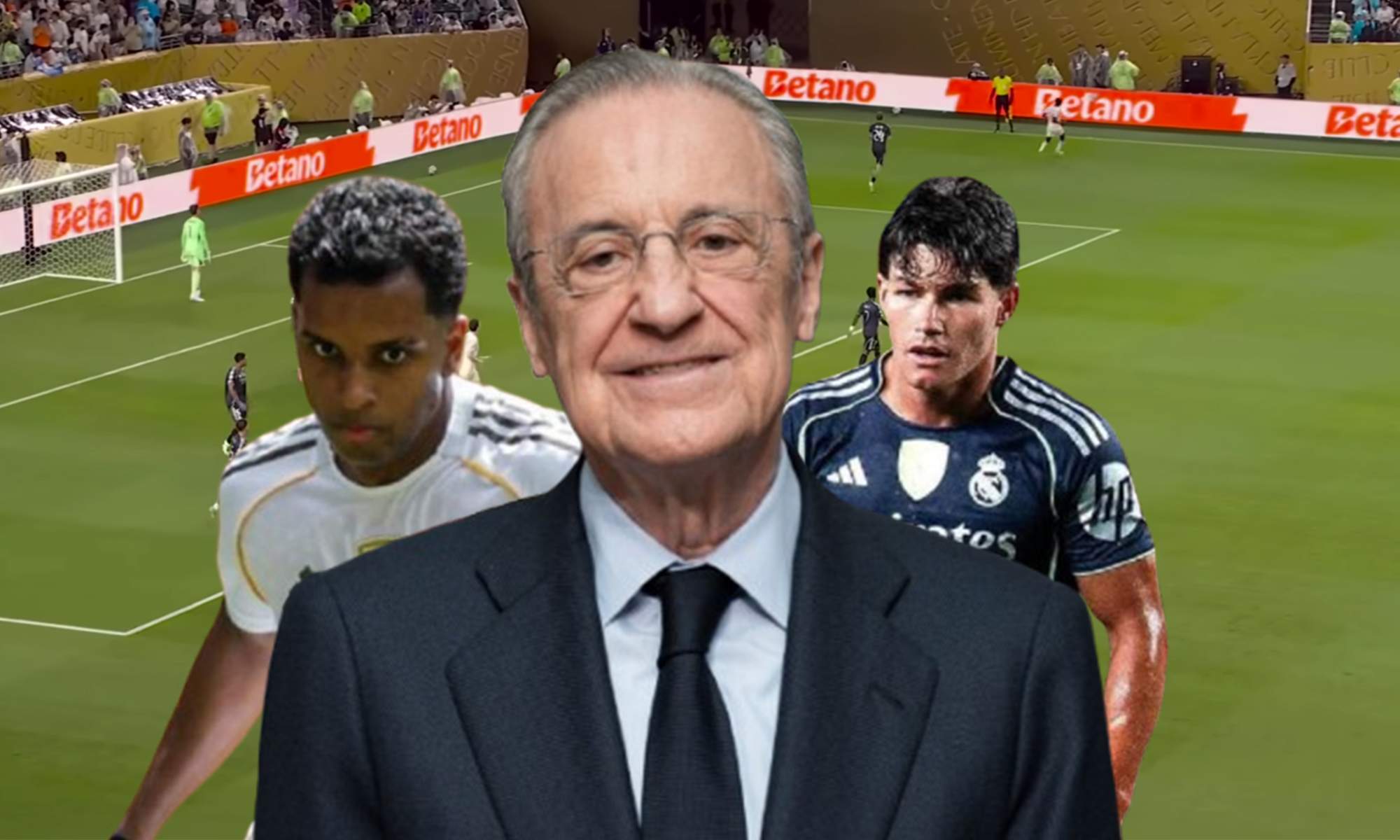 Florentino Pérez, Rodrygo Goes, Fran García y una captura del Salzburgo - Real Madrid.