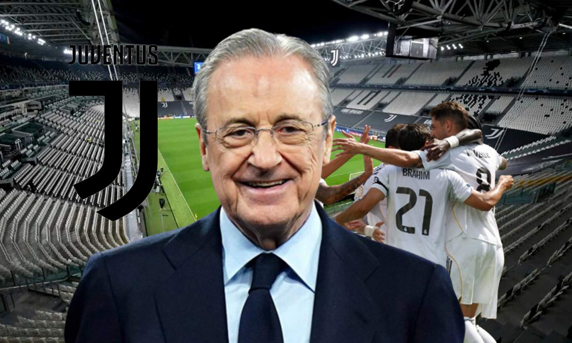 Florentino Pérez, escudo de la Juventus y jugadores del Real Madrid.