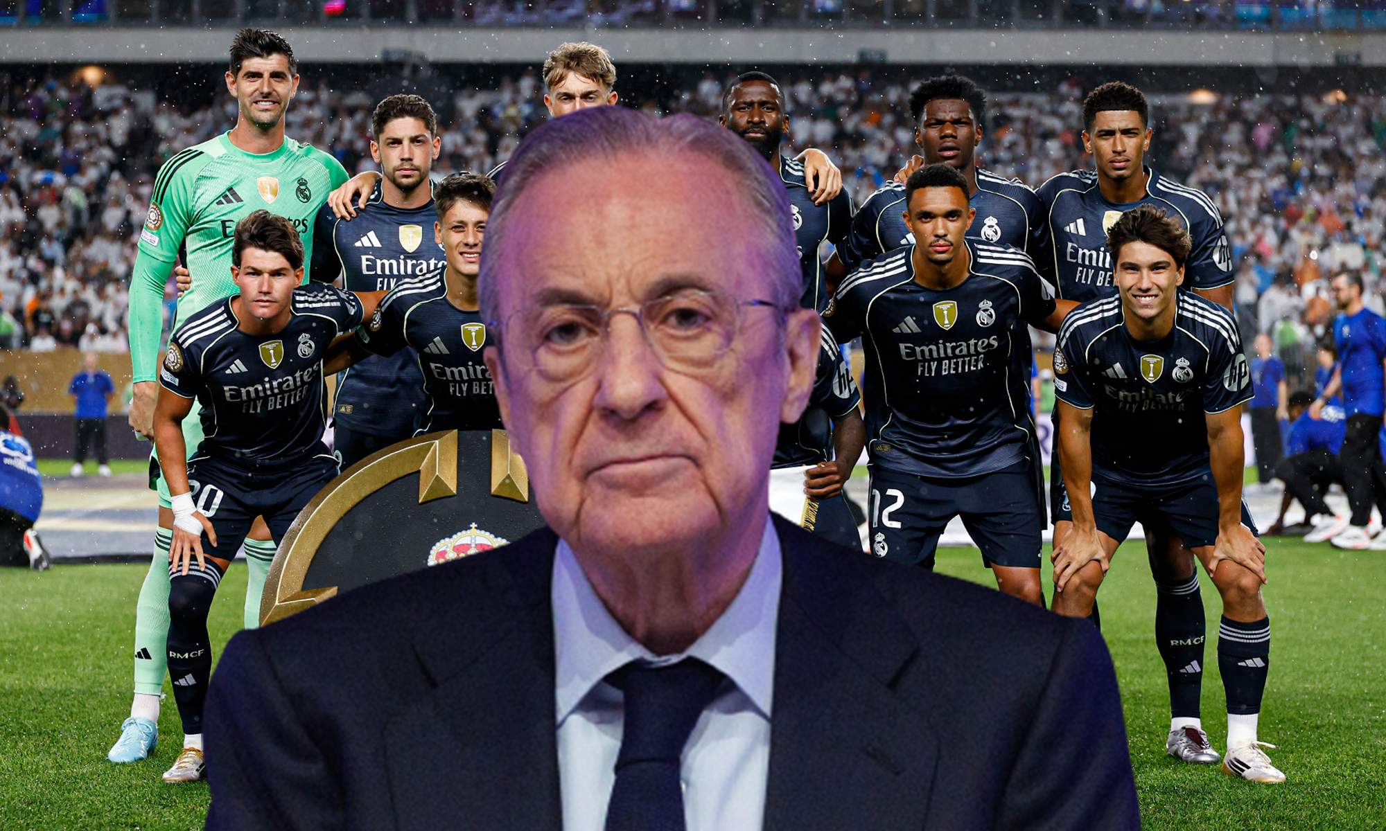 Florentino Pérez y un once de jugadores del Real Madrid.
