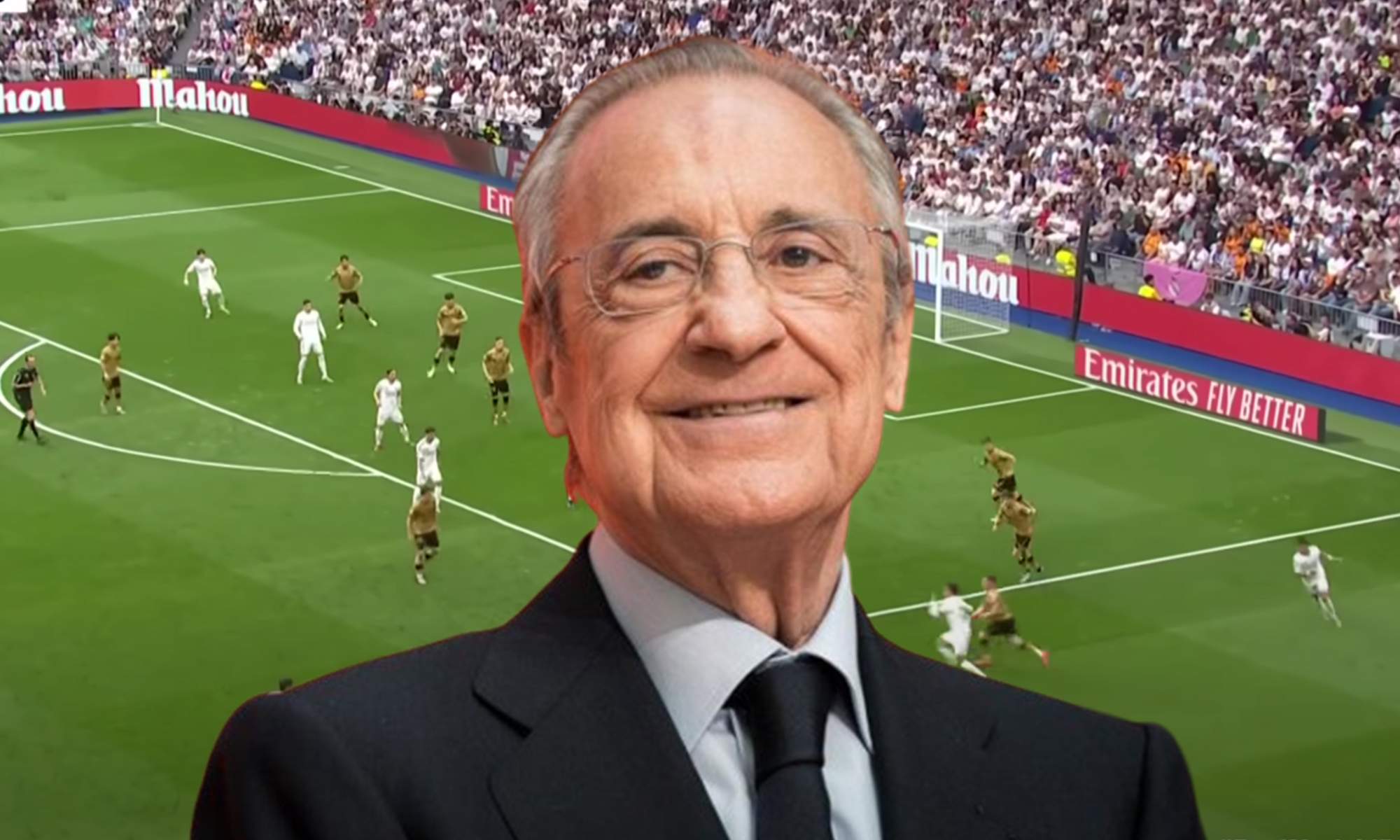 Florentino Pérez y una captura del Real Madrid - Real Sociedad. 