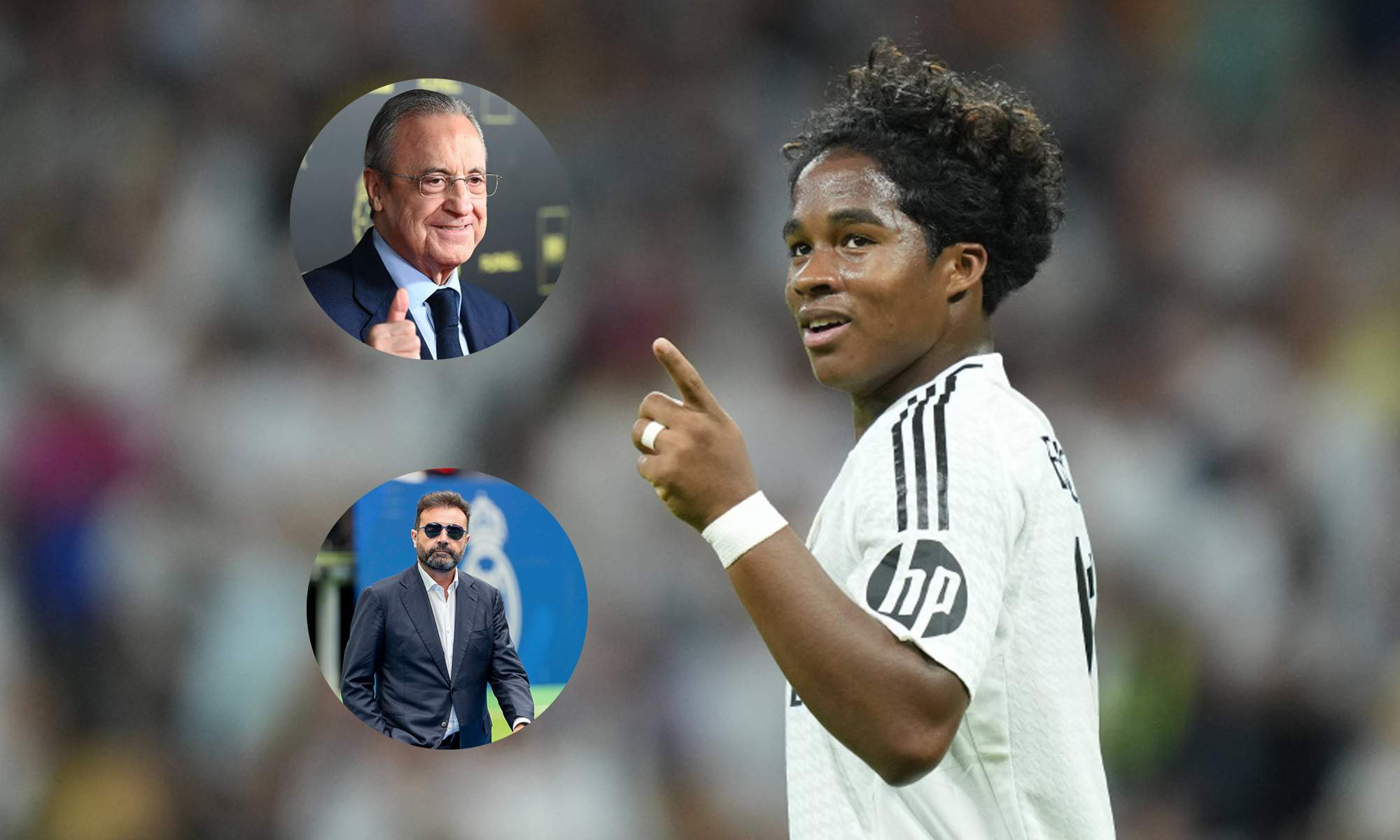 Endrick y unas fotos de Florentino Pérez y José Ángel Sánchez.