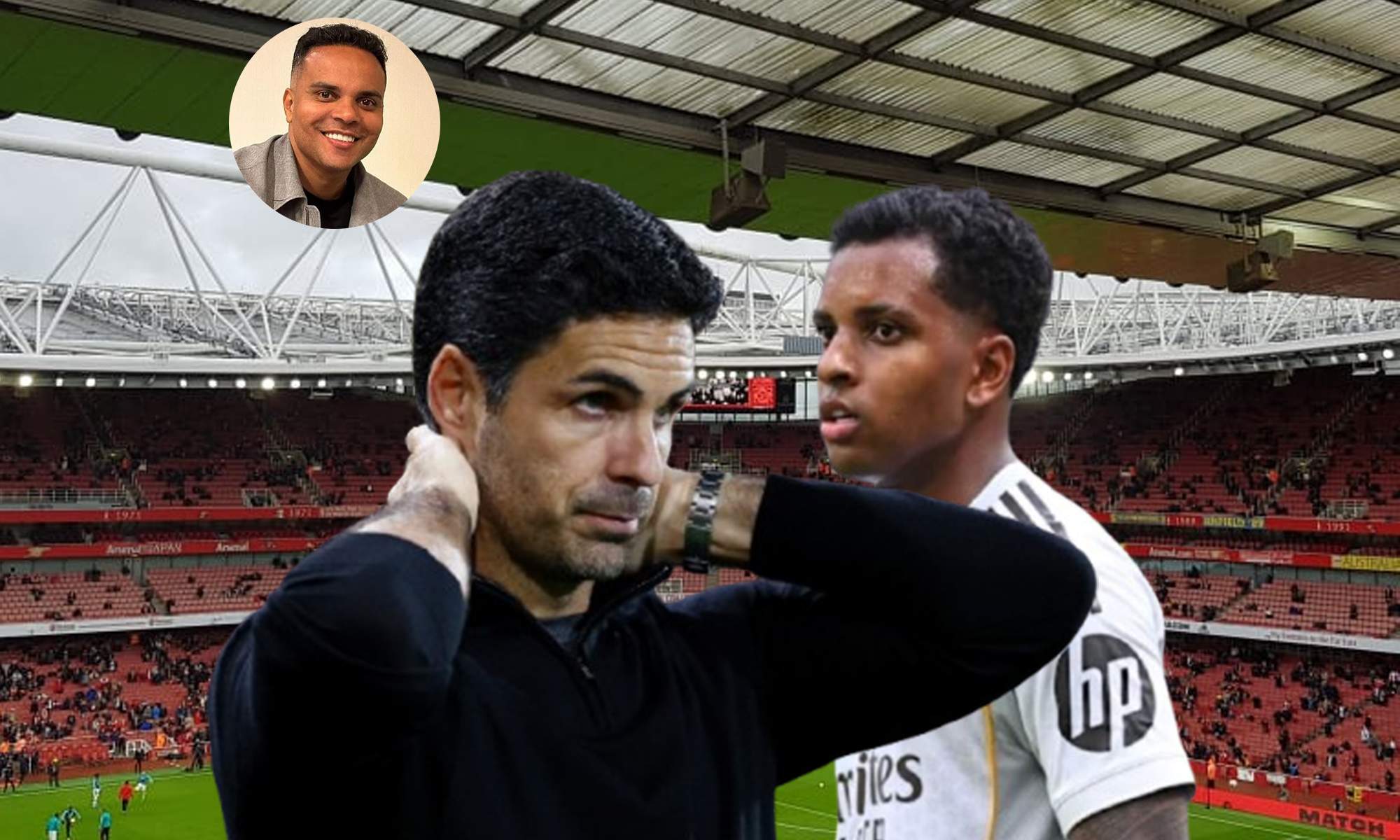 Mikel Arteta, Rodrygo Goes y una foto de Eric Goes.