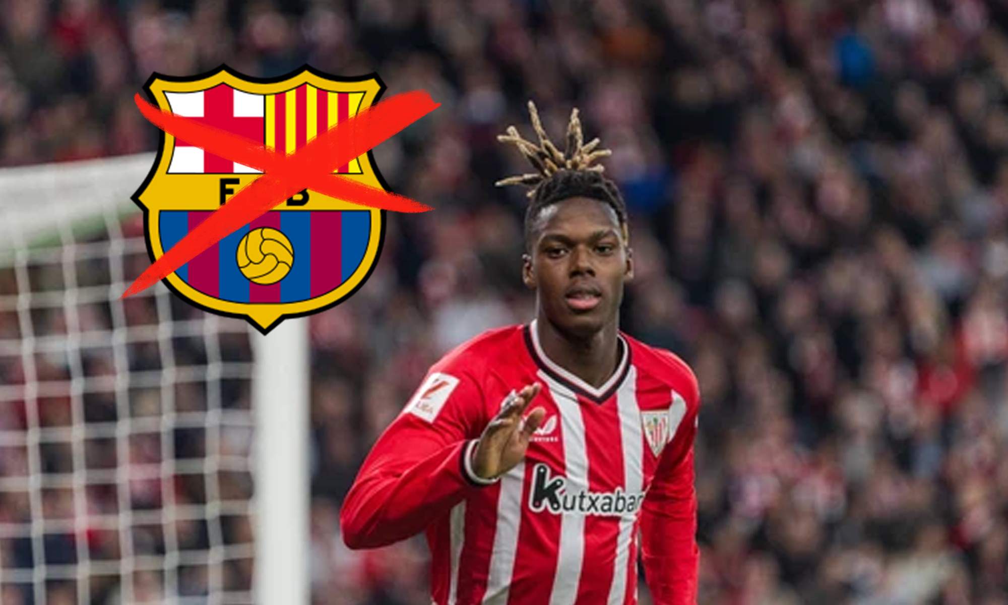 Nico Williams y el escudo del Barcelona tachado. 