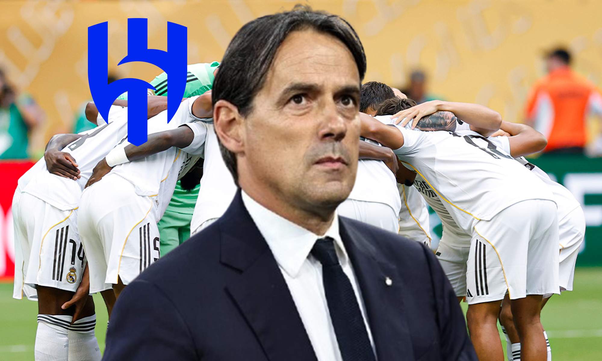 Simone Inzaghi, escudo del Al Hilal y jugadores del Real Madrid.