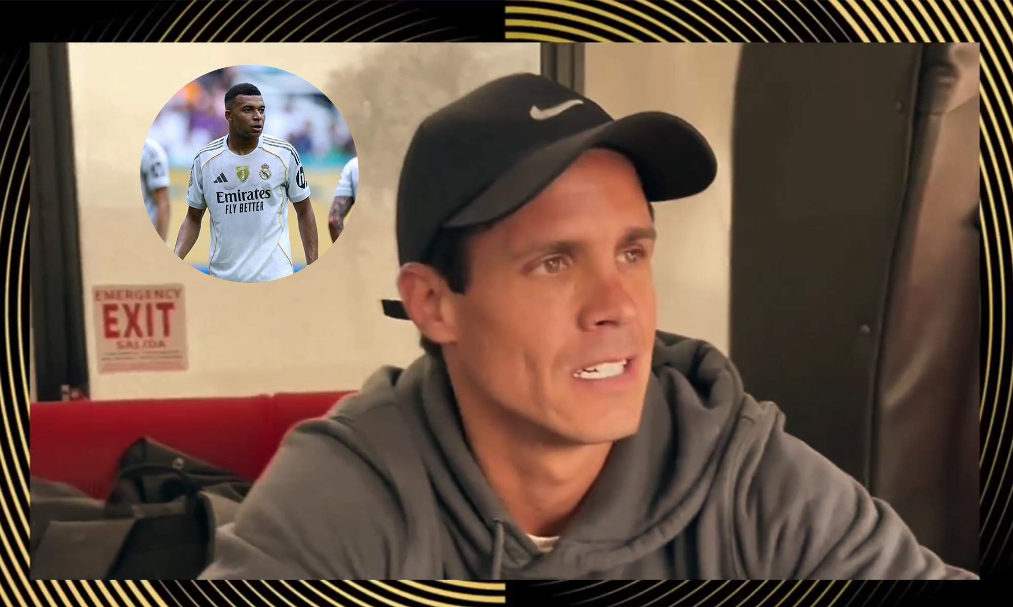 Edu Aguirre y una foto de Kylian Mbappé jugando con el Real Madrid.