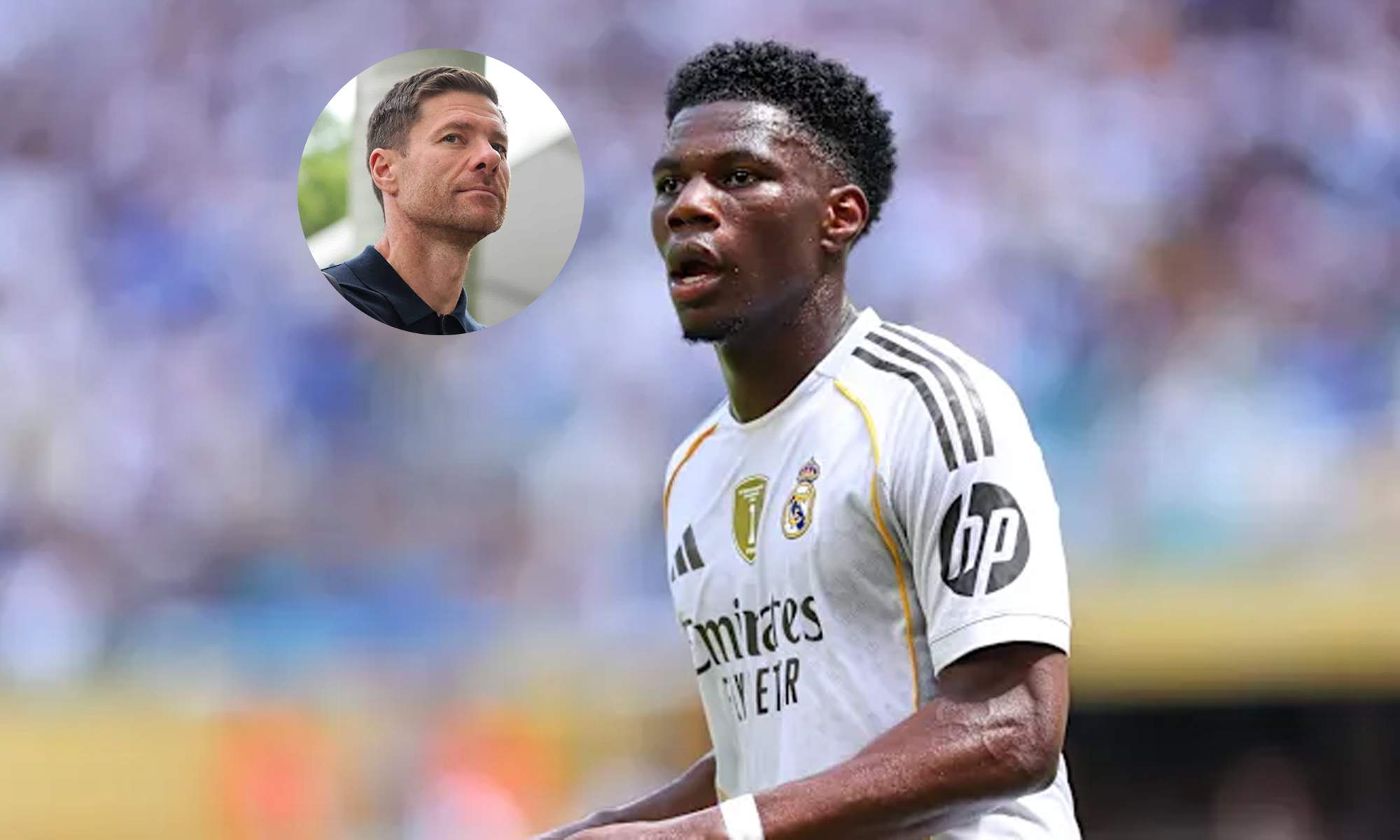 Aurélien Tchouaméni jugando con el Real Madrid y una foto de Xabi Alonso.