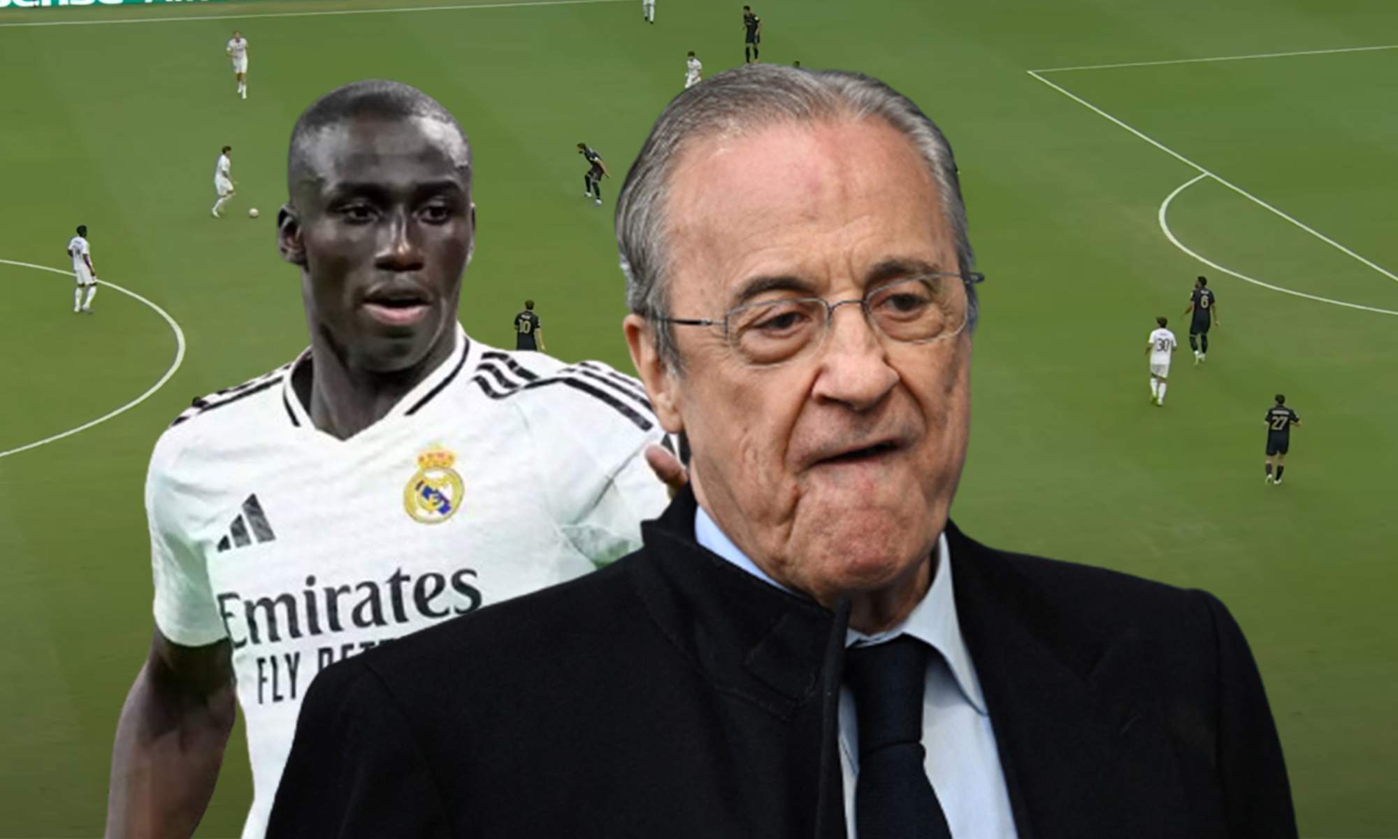 Ferland Mendy, Florentino Pérez y una captura del Real Madrid - Juventus. Ferland Mendy, Florentino Pérez y una captura del Real Madrid - Juventus.
