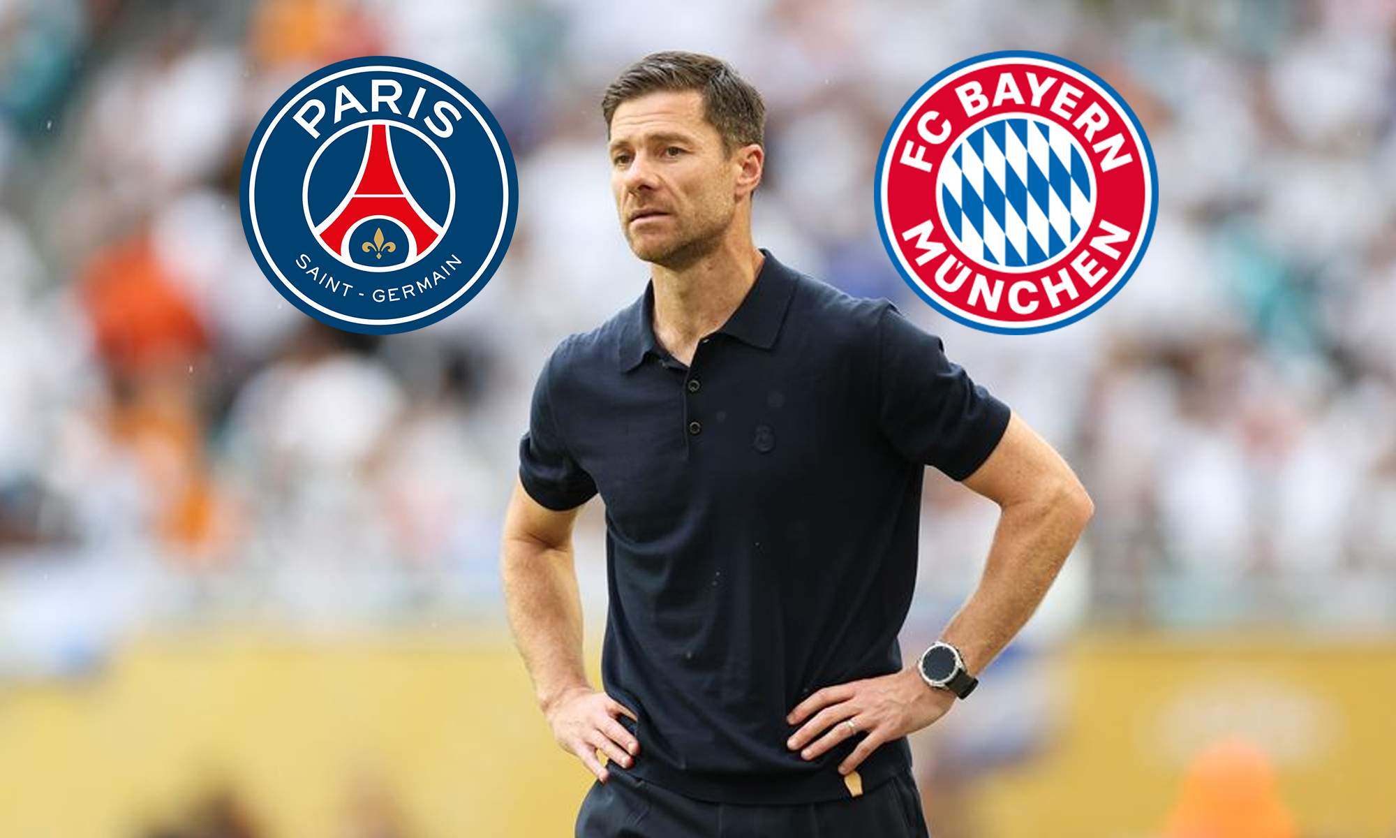 Xabi Alonso durante un partido del Real Madrid y los escudos del PSG y el Bayern Múnich.