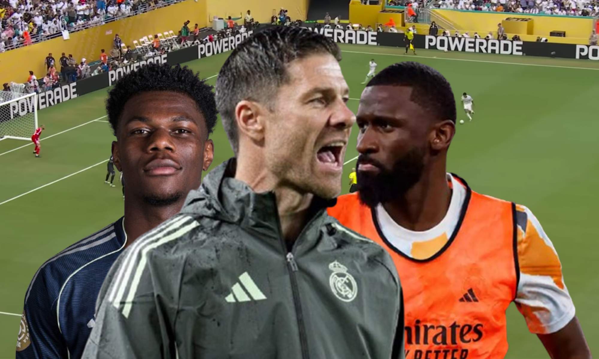 Aurélien Tchouaméni , Xabi Alonso y Antonio Rüdiger. Aurélien Tchouaméni , Xabi Alonso y Antonio Rüdiger.
