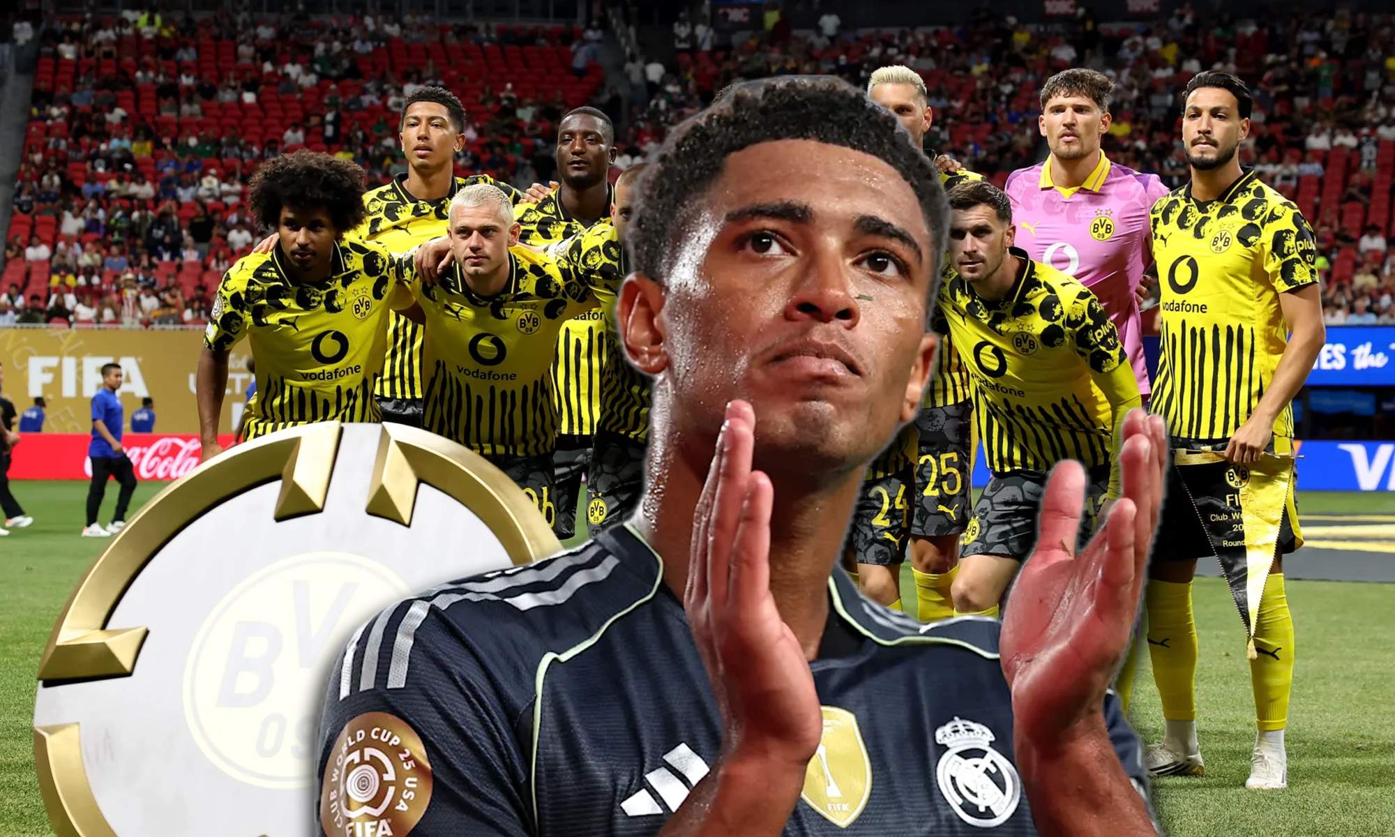 Bellingham decide si celebrar o no un gol contra el Dortmund, su ex equipo