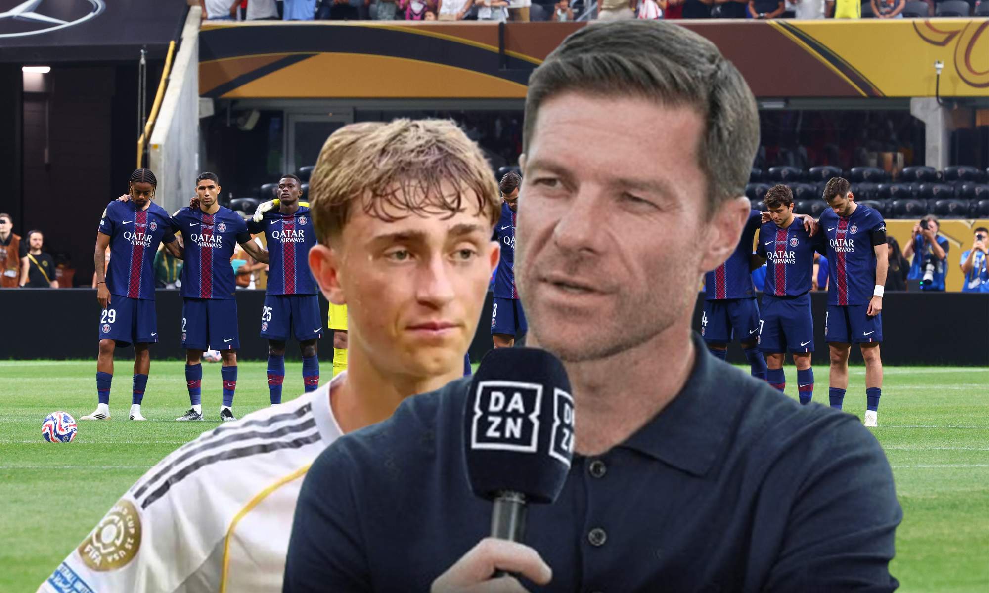 Dean Huijsen, Xabi Alonso y jugadores del Paris Saint-Germain.