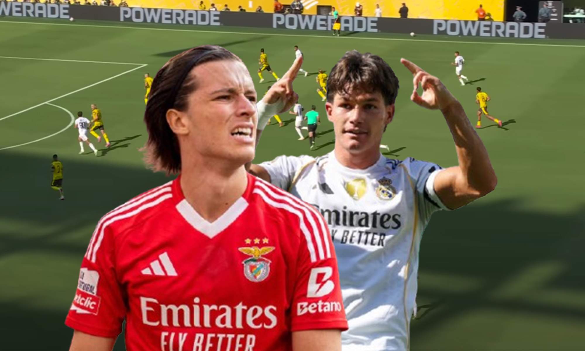 Álvaro Carreras, Fran García y una captura del Real Madrid - Borussia Dortmund. 