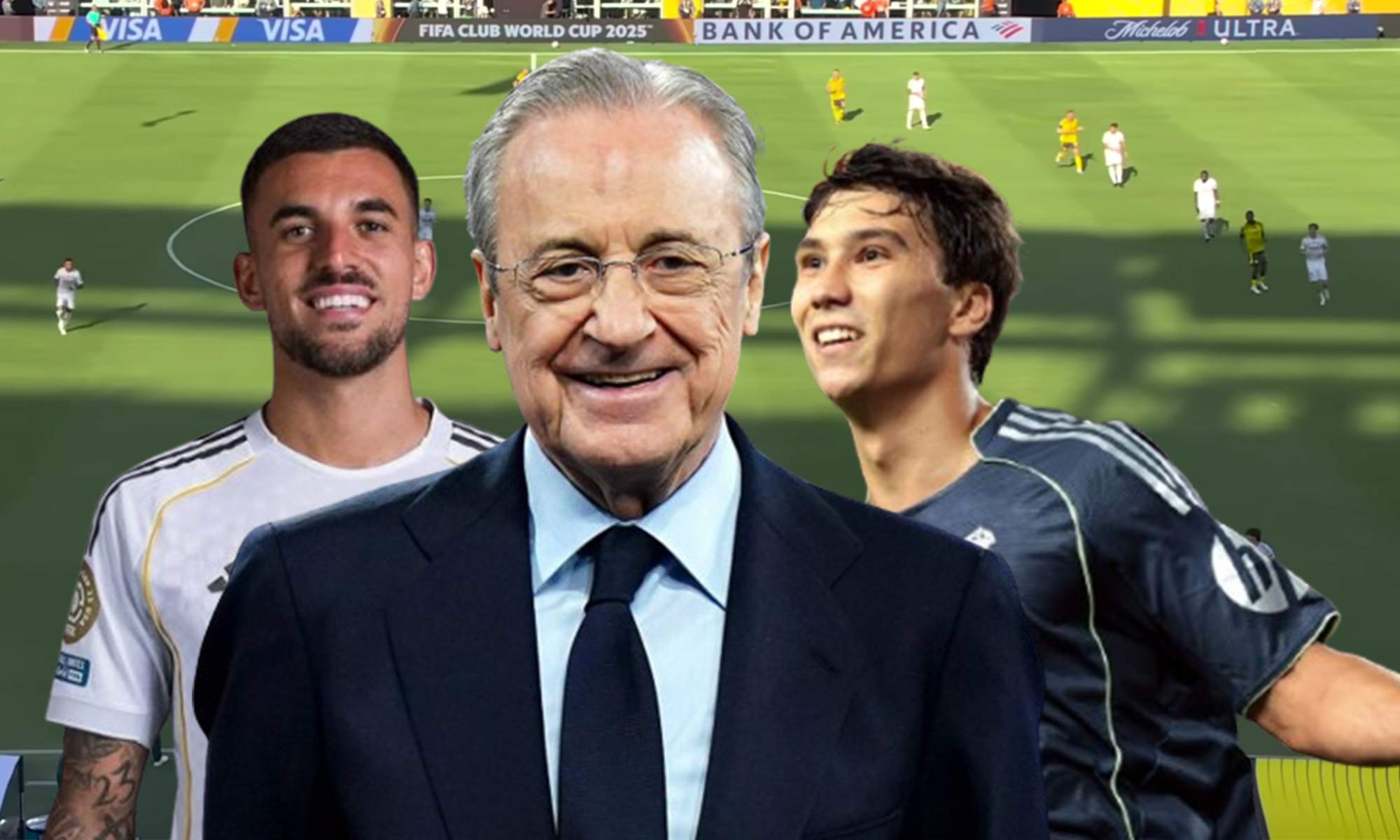 Dani Ceballos, Florentino Pérez, Gonzalo García y una captura del Real Madrid - Dortmund. 
