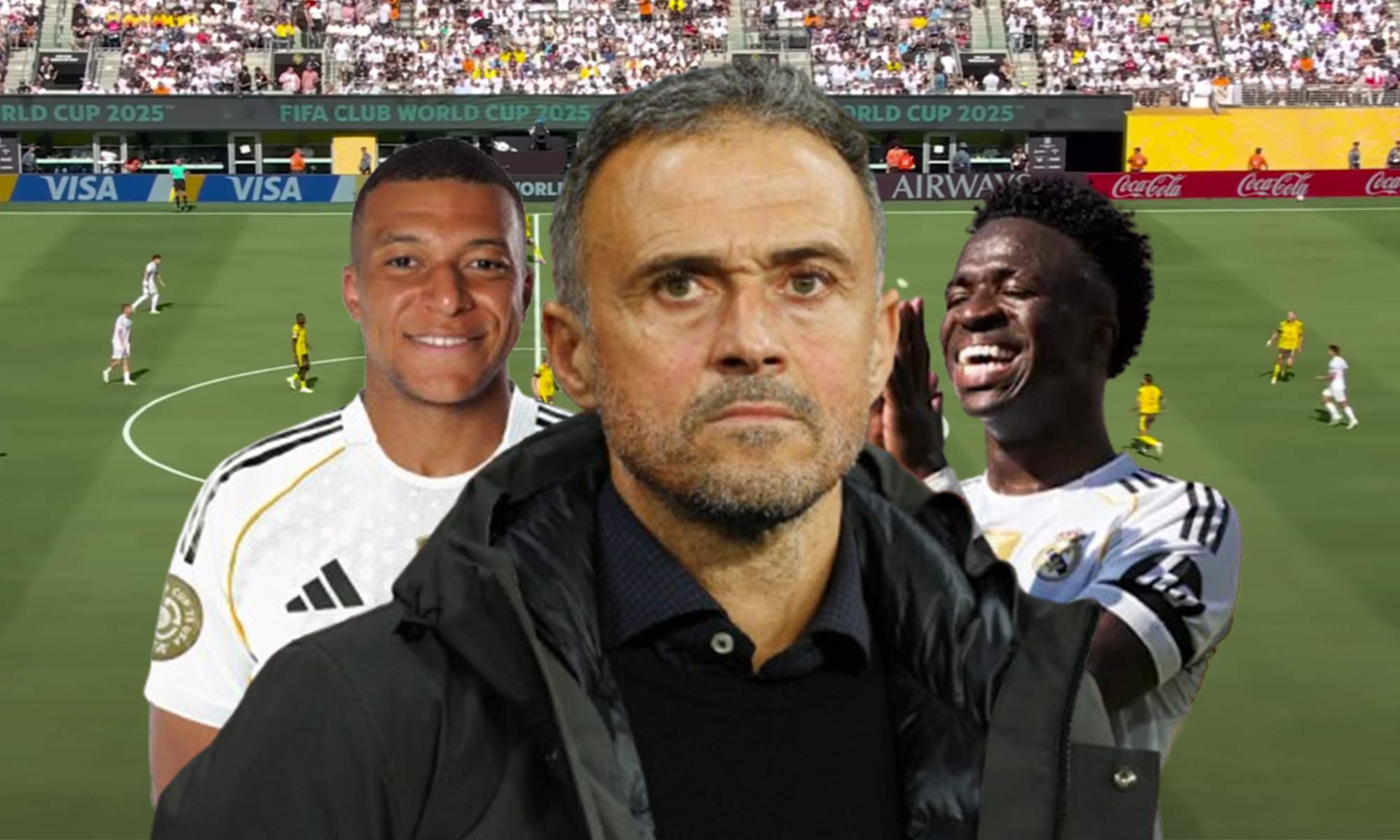Kylian Mbappé, Luis Enrique, Vinícius Júnior y una captura del Real Madrid - Borussia Dortmund.