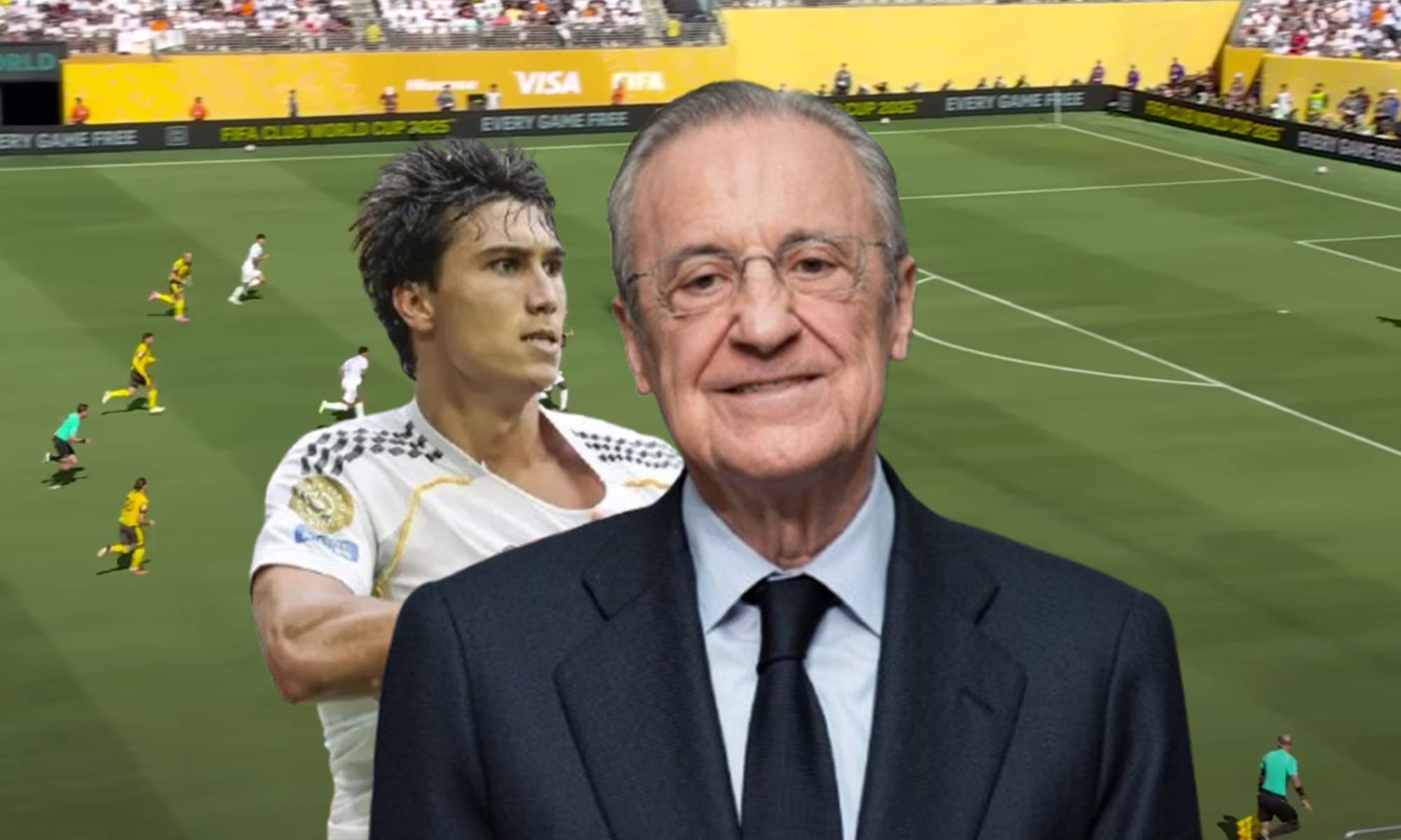 Gonzalo García, Florentino Pérez y una captura del Real Madrid - Borussia Dortmund.