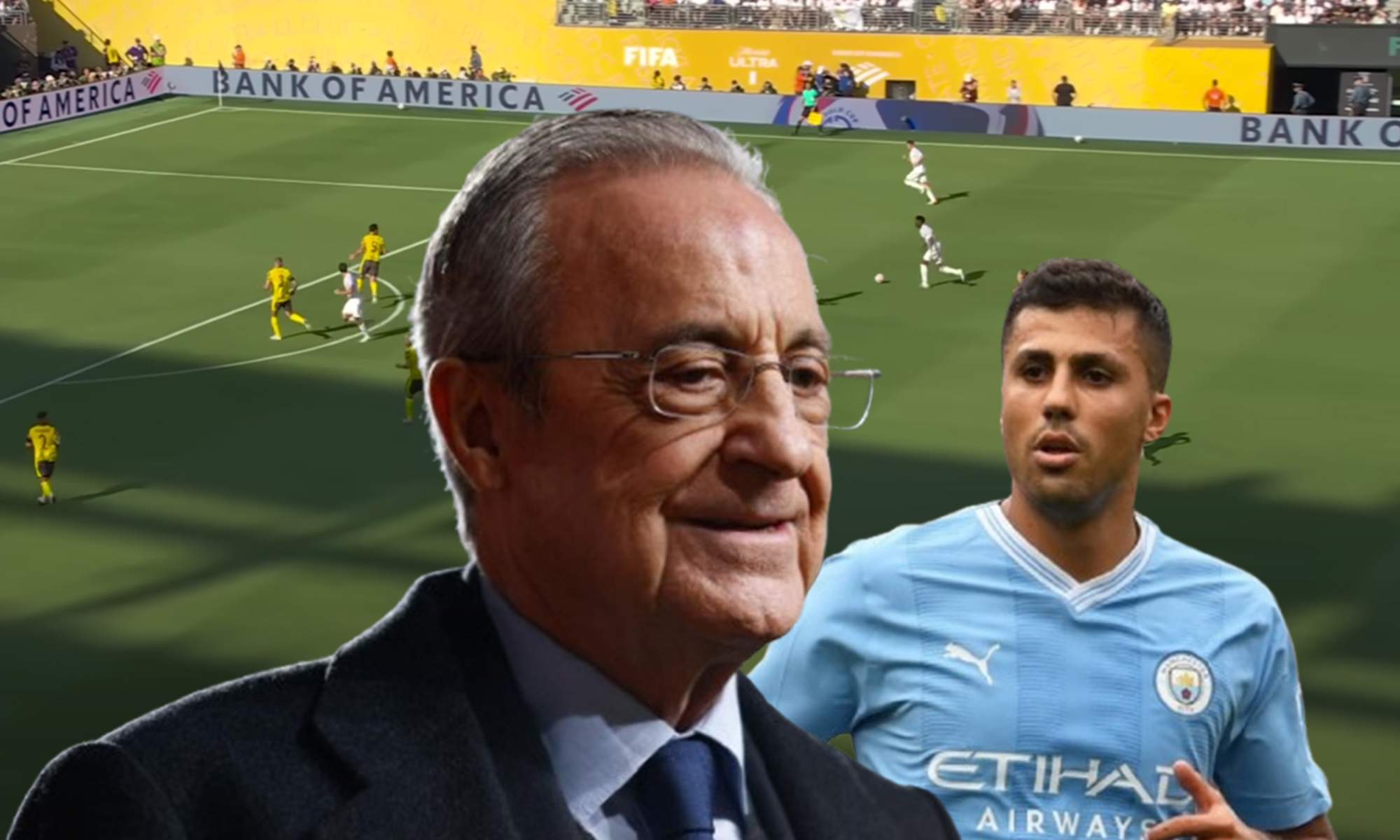Florentino Pérez, Rodri Hernández y una captura del Real Madrid - Borussia Dortmund. 