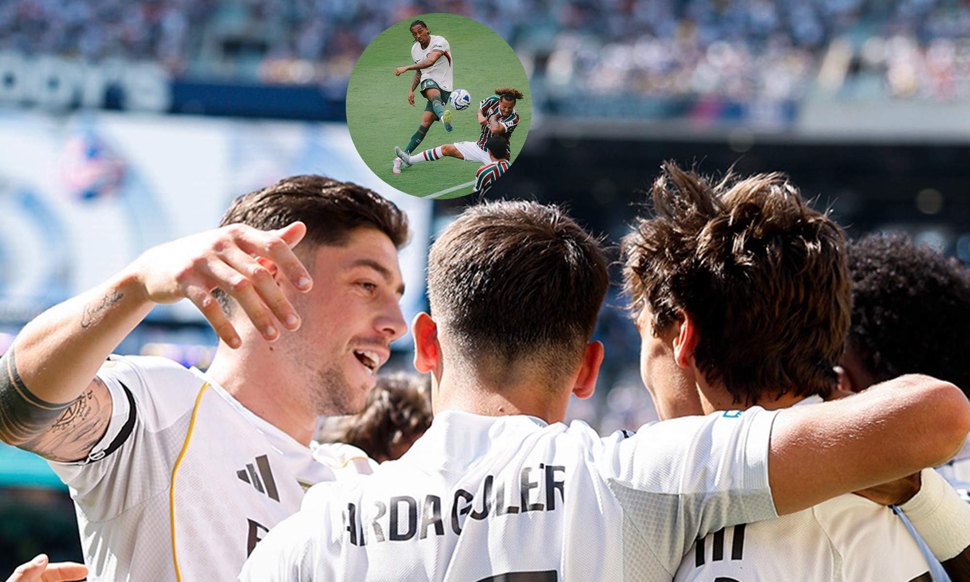 Jugadores del Real Madrid y una foto del Chelsea - Fluminense.