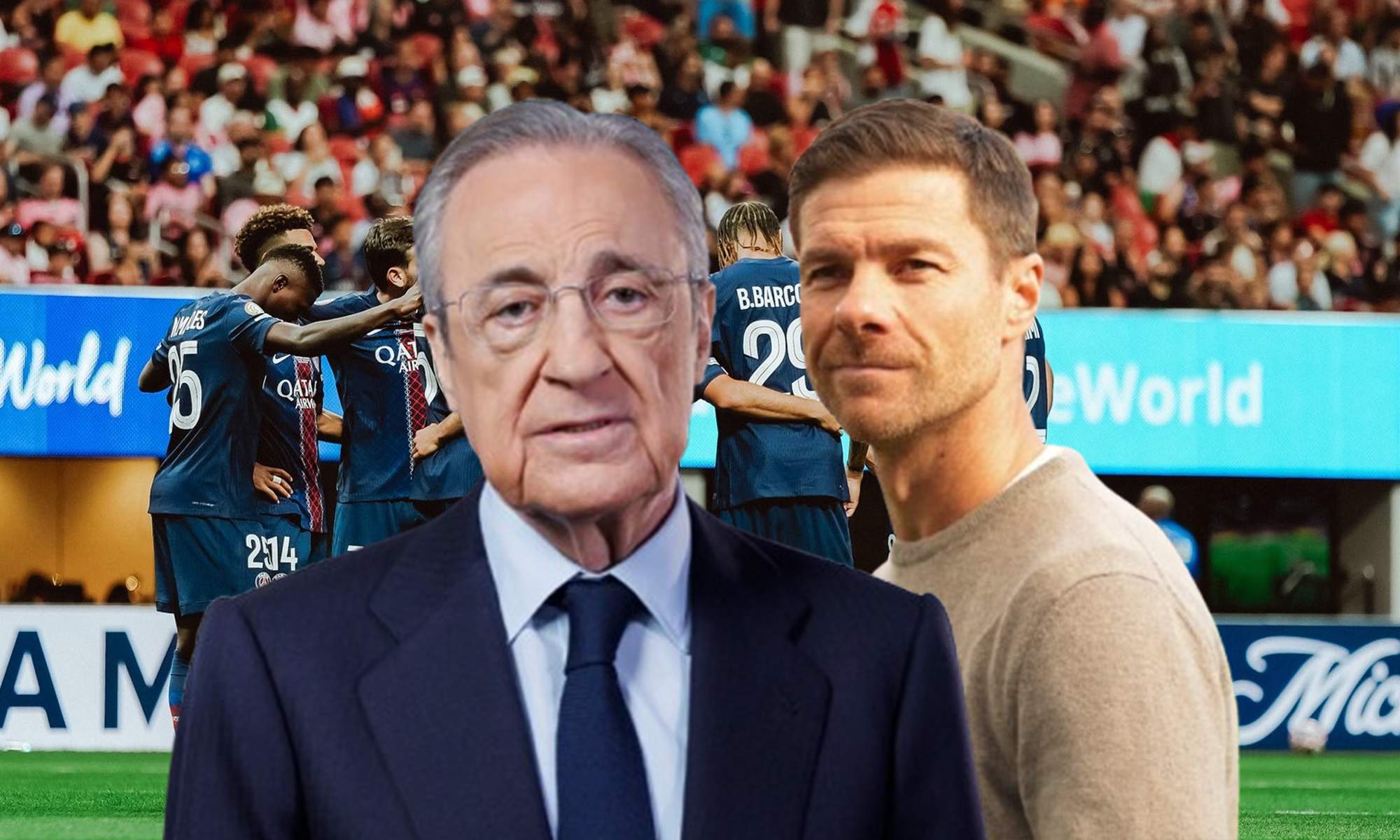 Florentino Pérez, Xabi Alonso y los jugadores del Paris Saint-Germain.