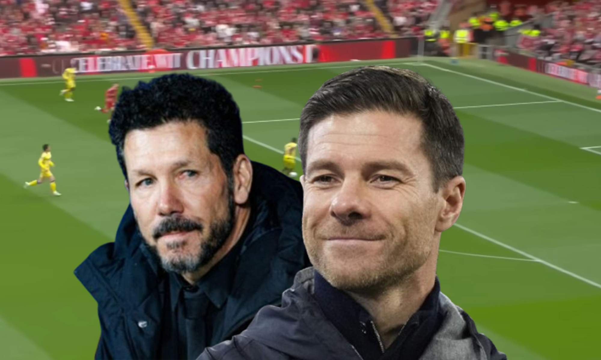 Cholo Simeone, Xabi Alonso y una captura de un partido del Liverpool.