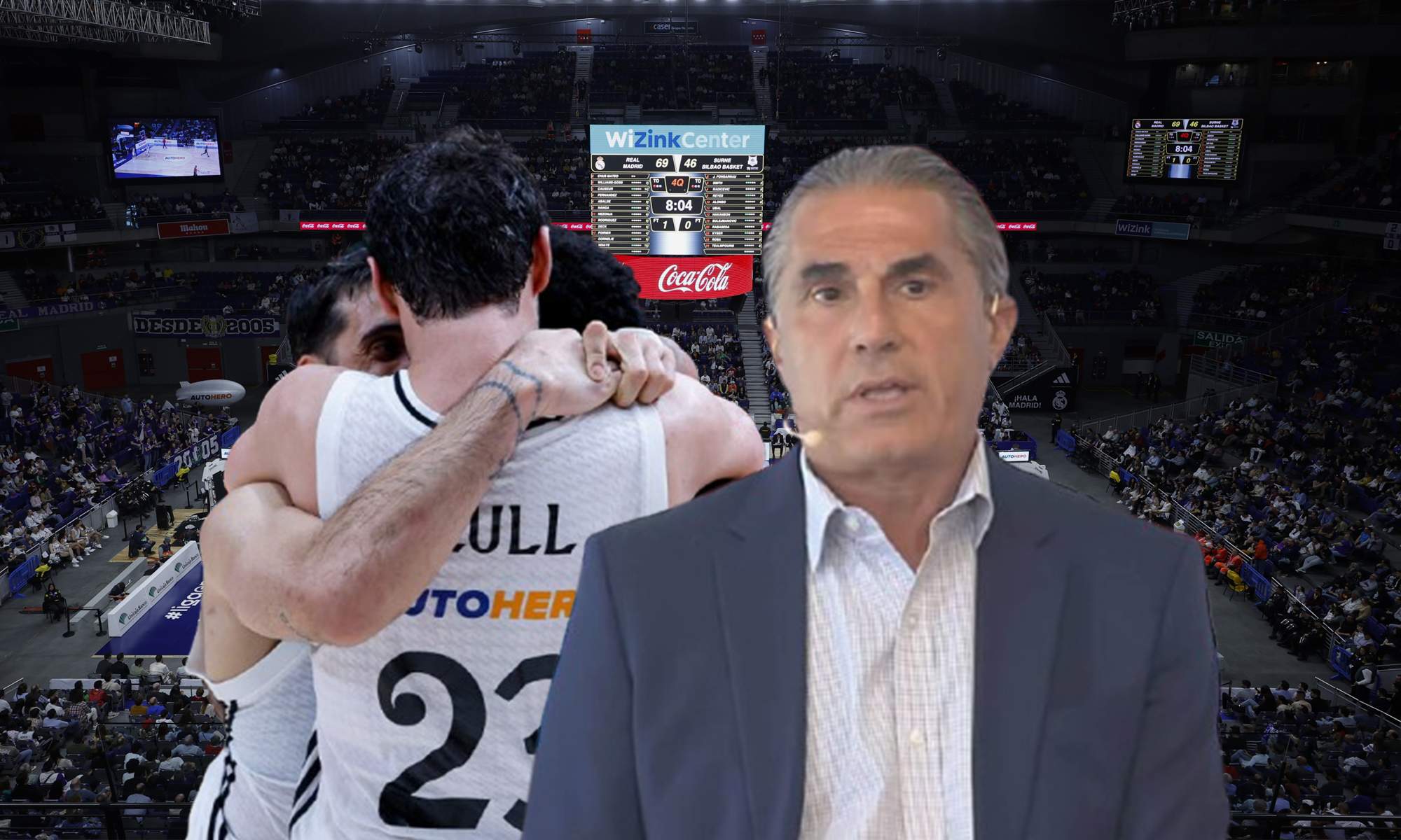 Scariolo, jugadores del Real Madrid y el Movistar Arena.