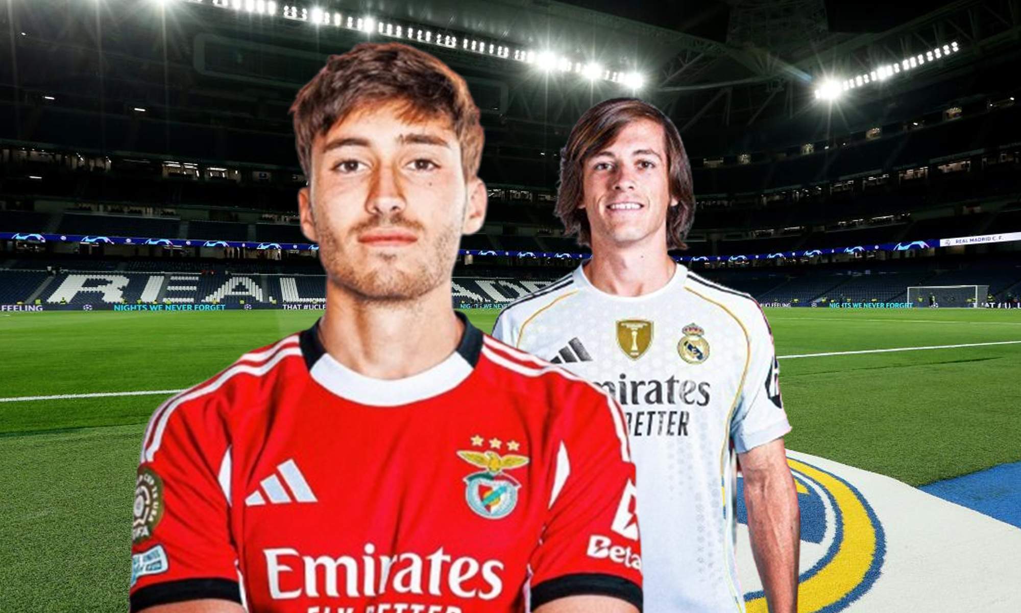 Rafael Obrador llevando la camiseta del Benfica y Álvaro Carreras con la camiseta del Real Madrid.