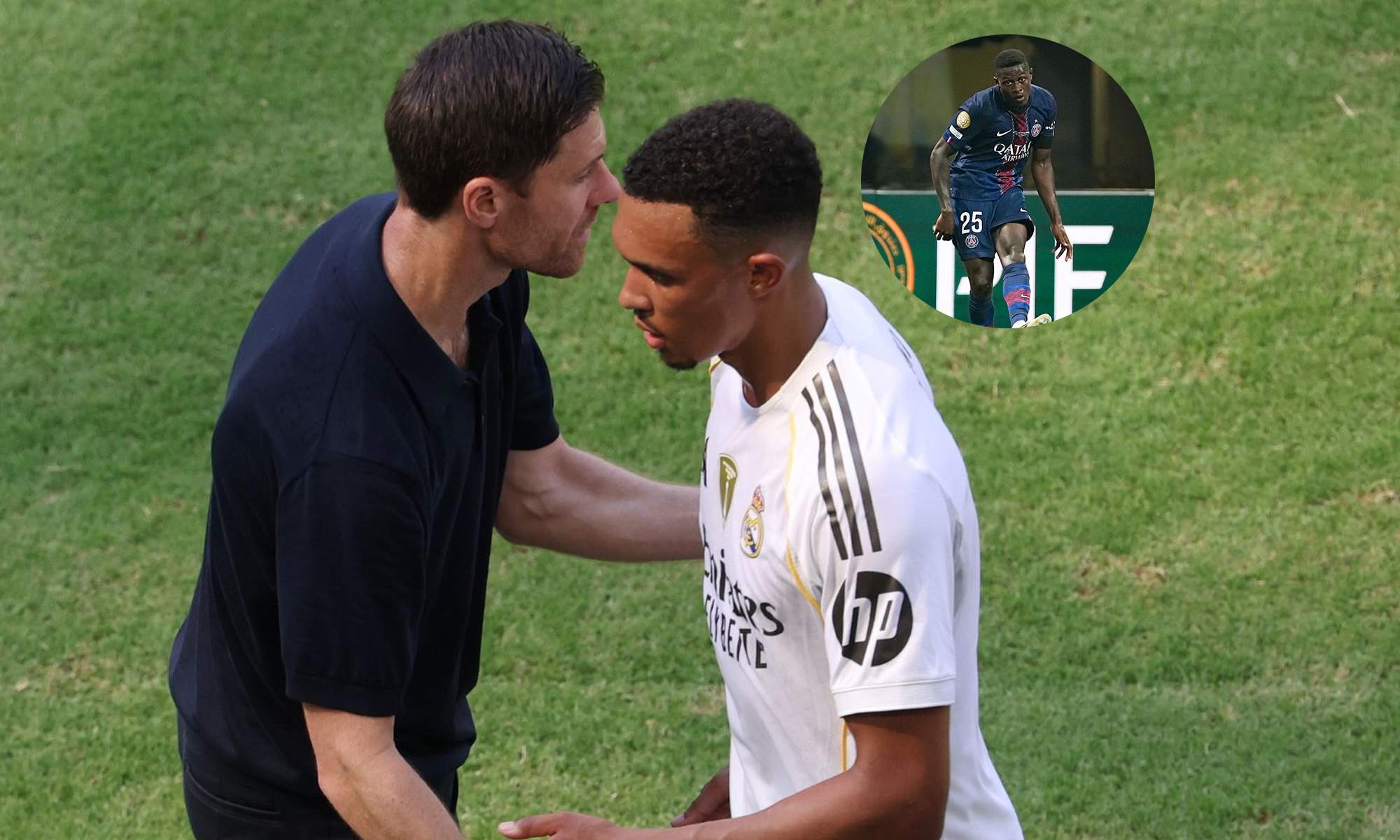 Xabi Alonso, Trent Alexander-Arnold y una foto de Nuno Mendes.