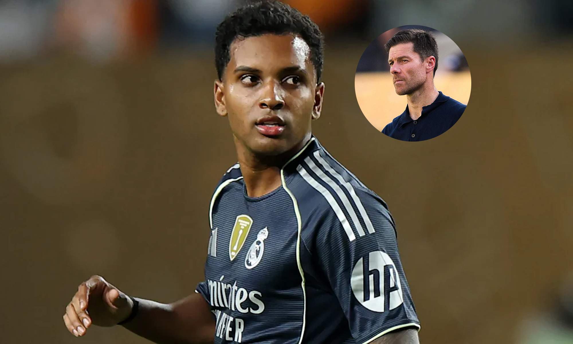 Rodrygo Goes jugando con el Real Madrid y una foto de Xabi Alonso.