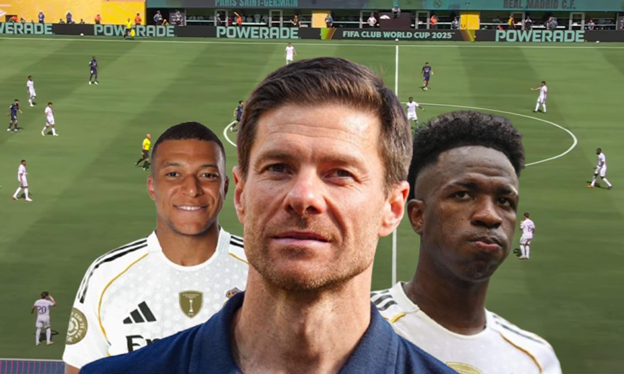 Kylian Mbappé, Xabi Alonso y Vinícius Júnior. 
