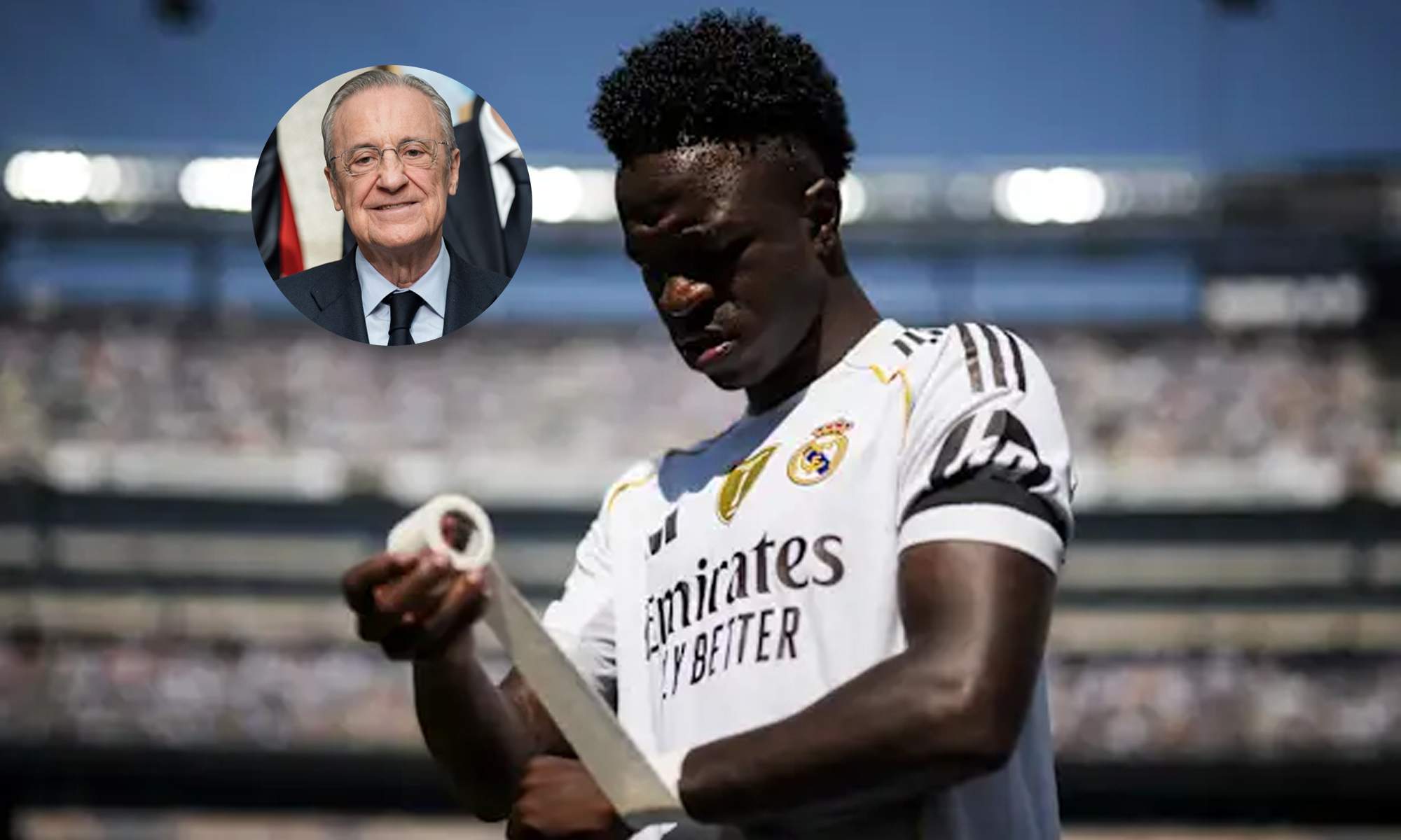 Vinícius Júnior y una foto de Florentino Pérez.