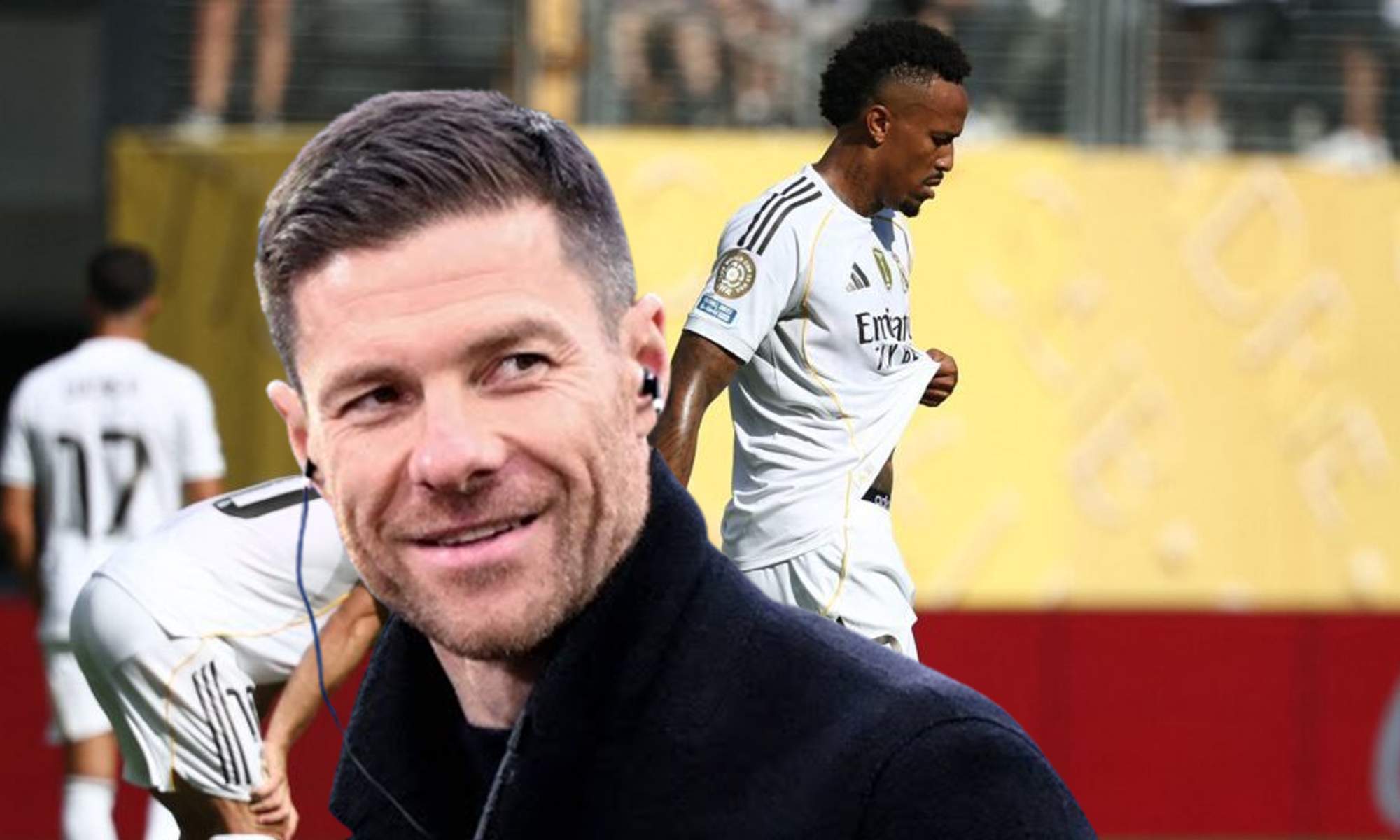 Xabi Alonso y una foto de Eder Militao en un partido con el Real Madrid. 