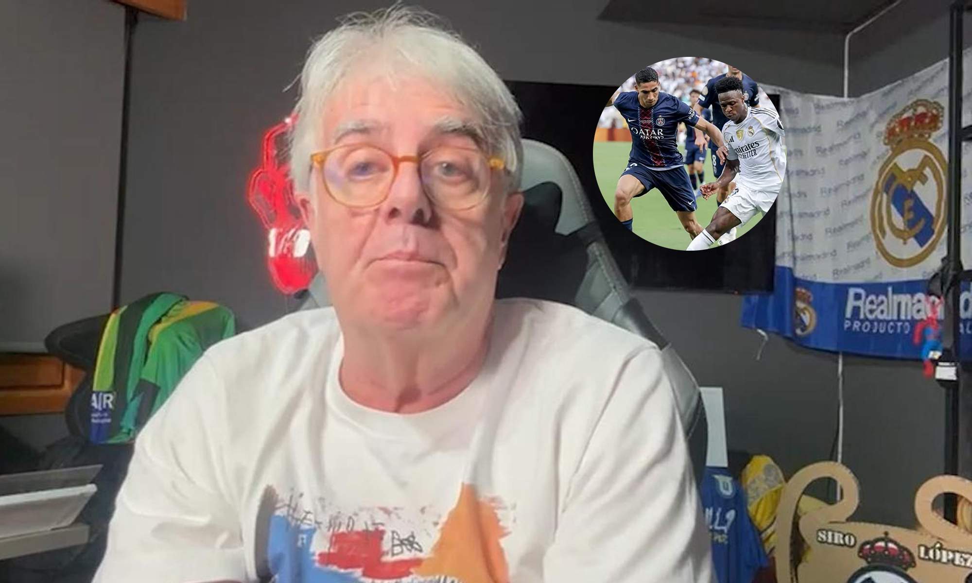 Siro López y una foto del Paris Saint-Germain - Real Madrid.