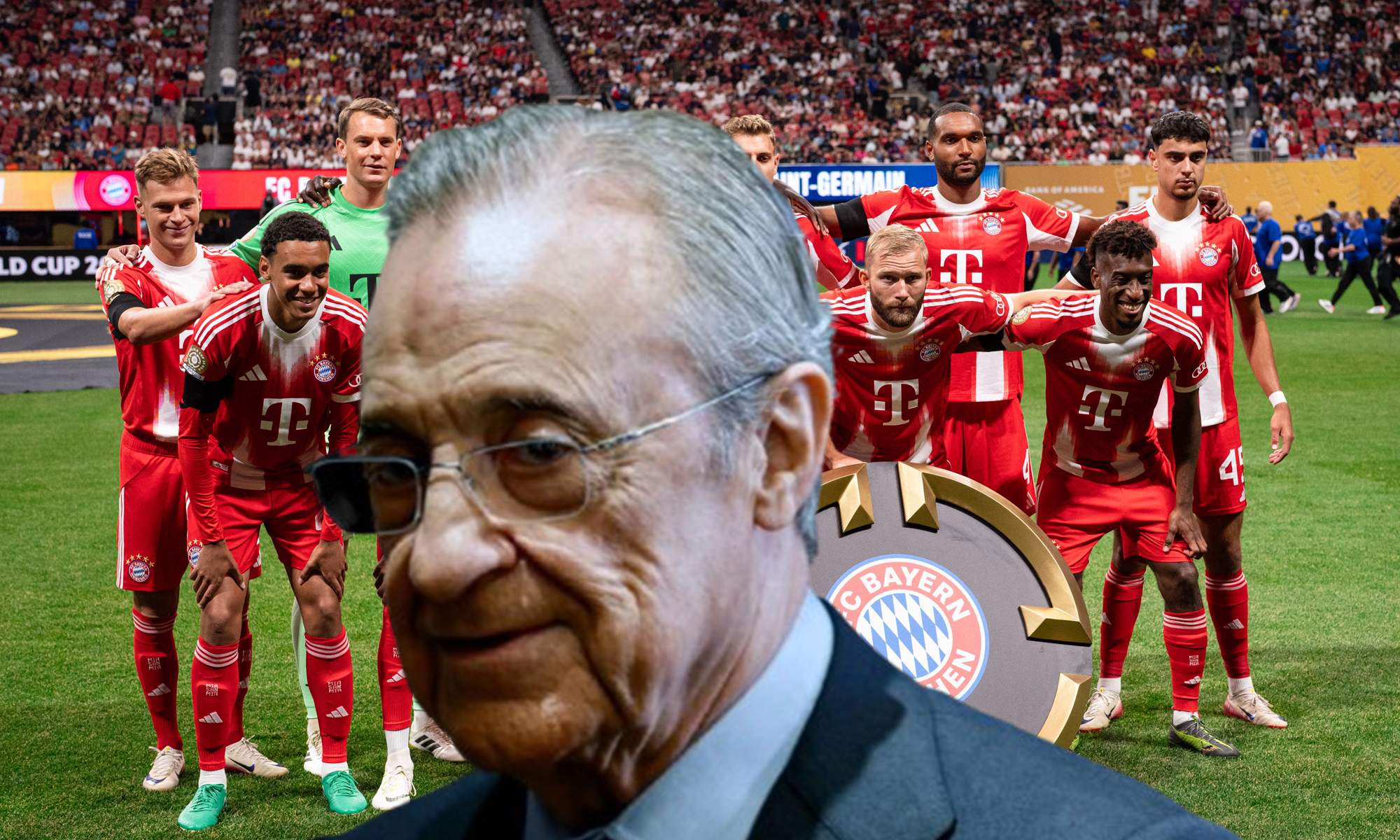 Florentino Pérez y el once del Bayern de Múnich.