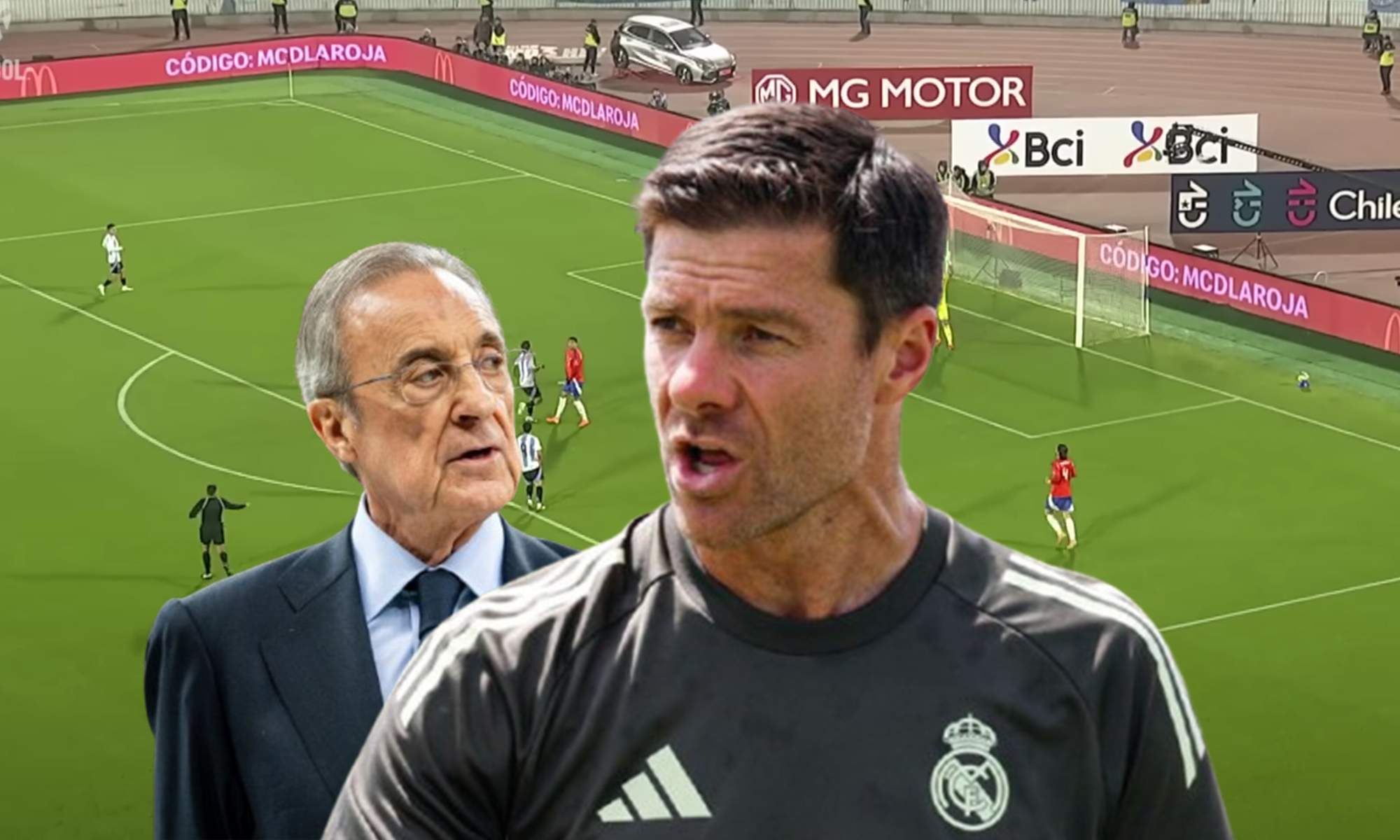 Florentino Pérez, Xabi Alonso y una captura de un partido de Argentina.