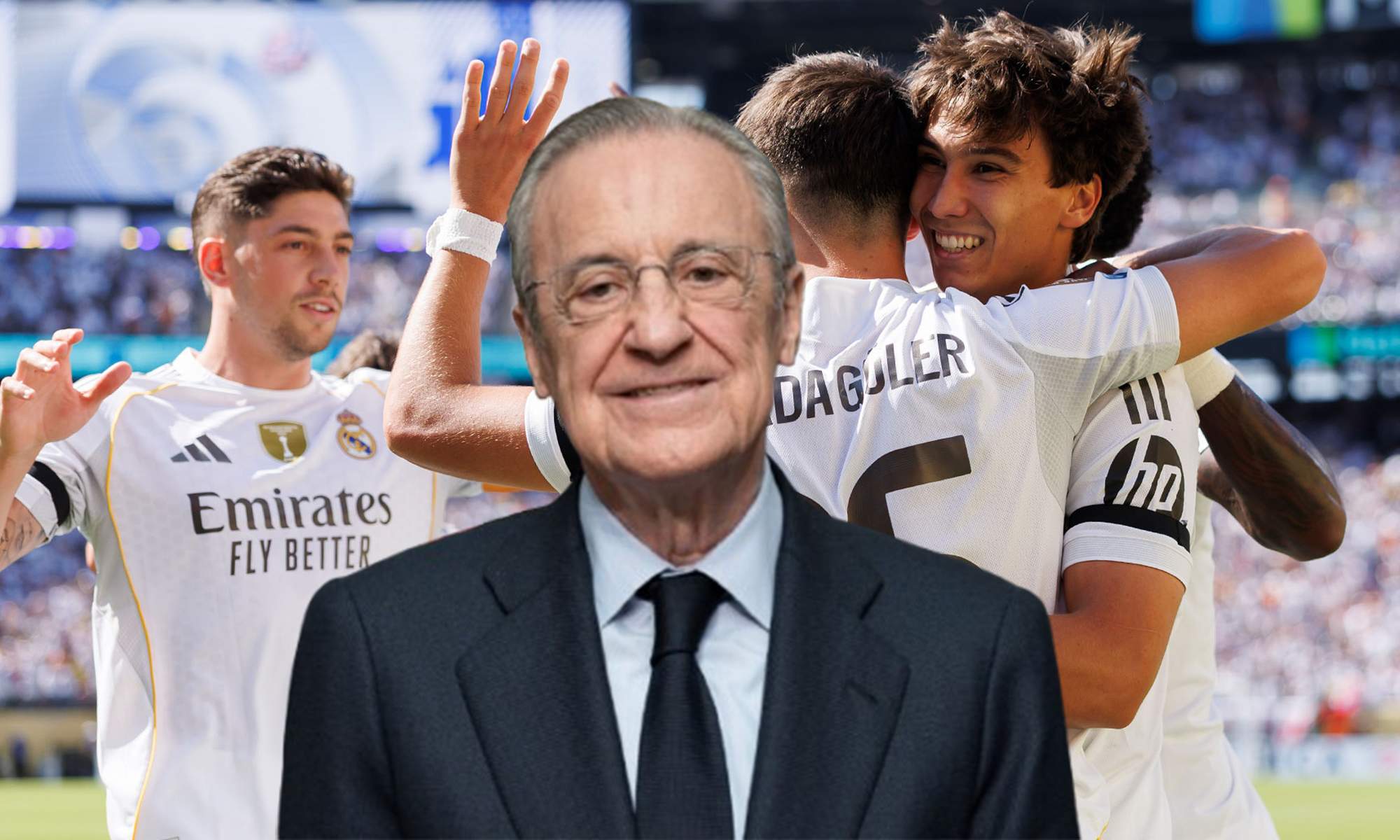Florentino Pérez y los jugadores del Real Madrid celebrando un gol. 