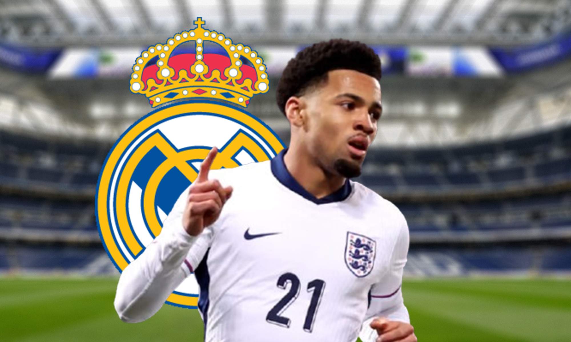 Ethan Nwaneri, escudo del Real Madrid y el Santiago Bernabéu.