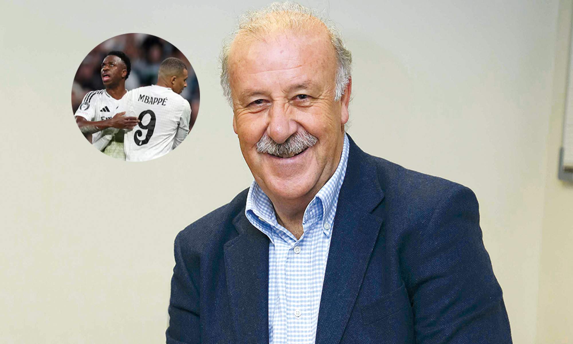 Vicente Del Bosque y una foto de Vinícius y Mbappé con el Real Madrid. 