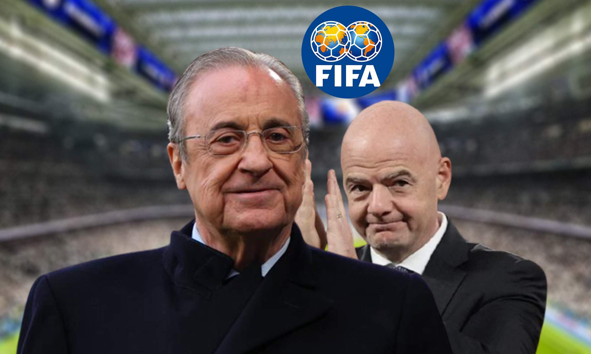 Florentino Pérez, Infantino, el logo de la FIFA y el Santiago Bernabéu.