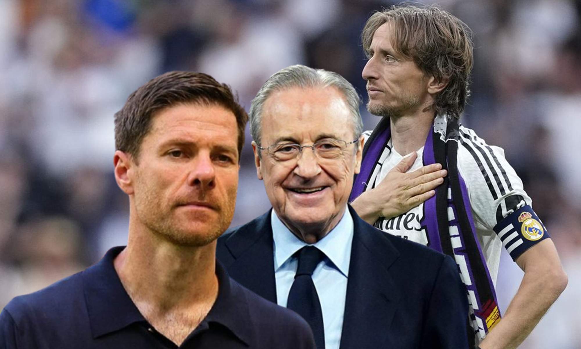 Xabi Alonso, Florentino Pérez y una foto de Luka Modric en su despedida del Santiago Bernabéu. Xabi Alonso, Florentino Pérez y una foto de Luka Modric en su despedida del Santiago Bernabéu.
