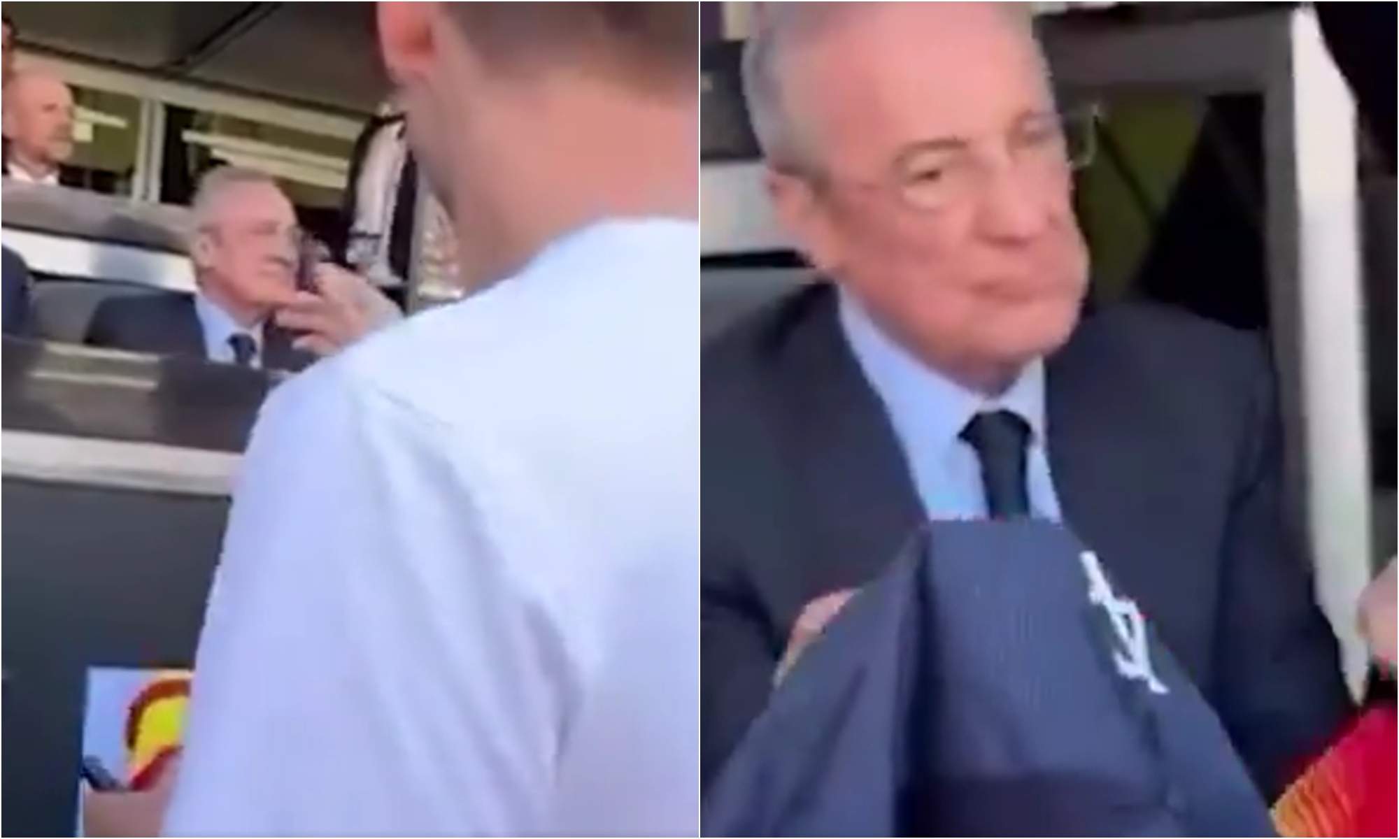 Florentino Pérez y un aficionado del Barcelona pidiéndole un autógrafo.