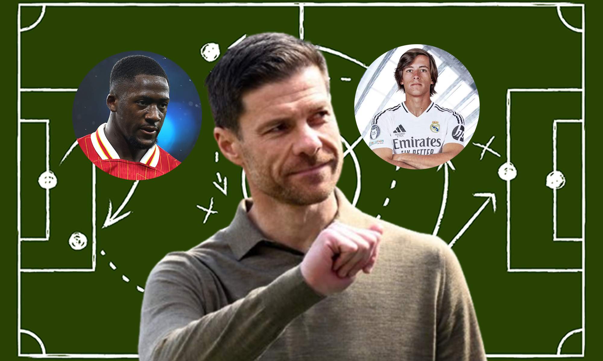 Xabi Alonso y una foto de Konaté y Álvaro Carreras.
