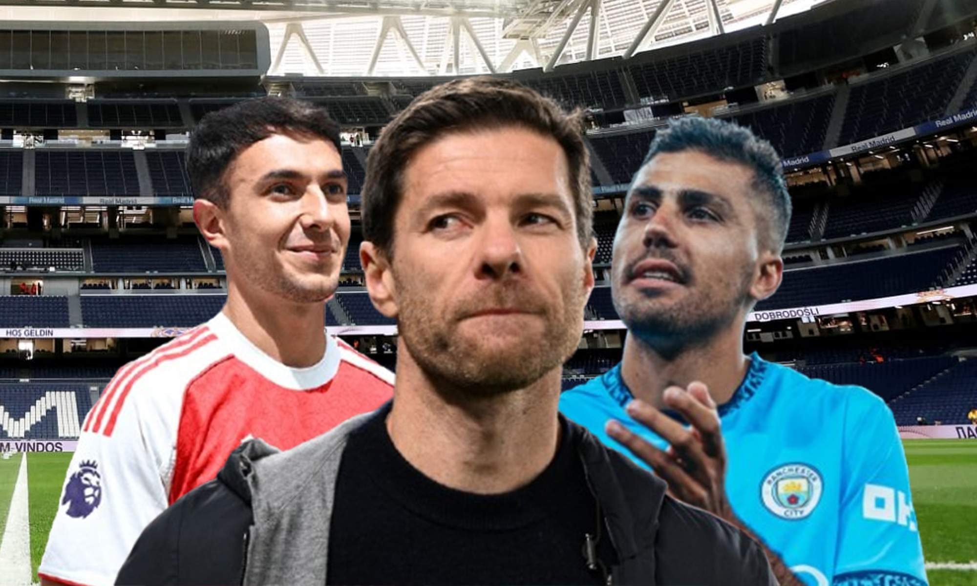 Martín Zubimendi, Xabi Alonso, Rodri Hernández y el Santiago Bernabéu.