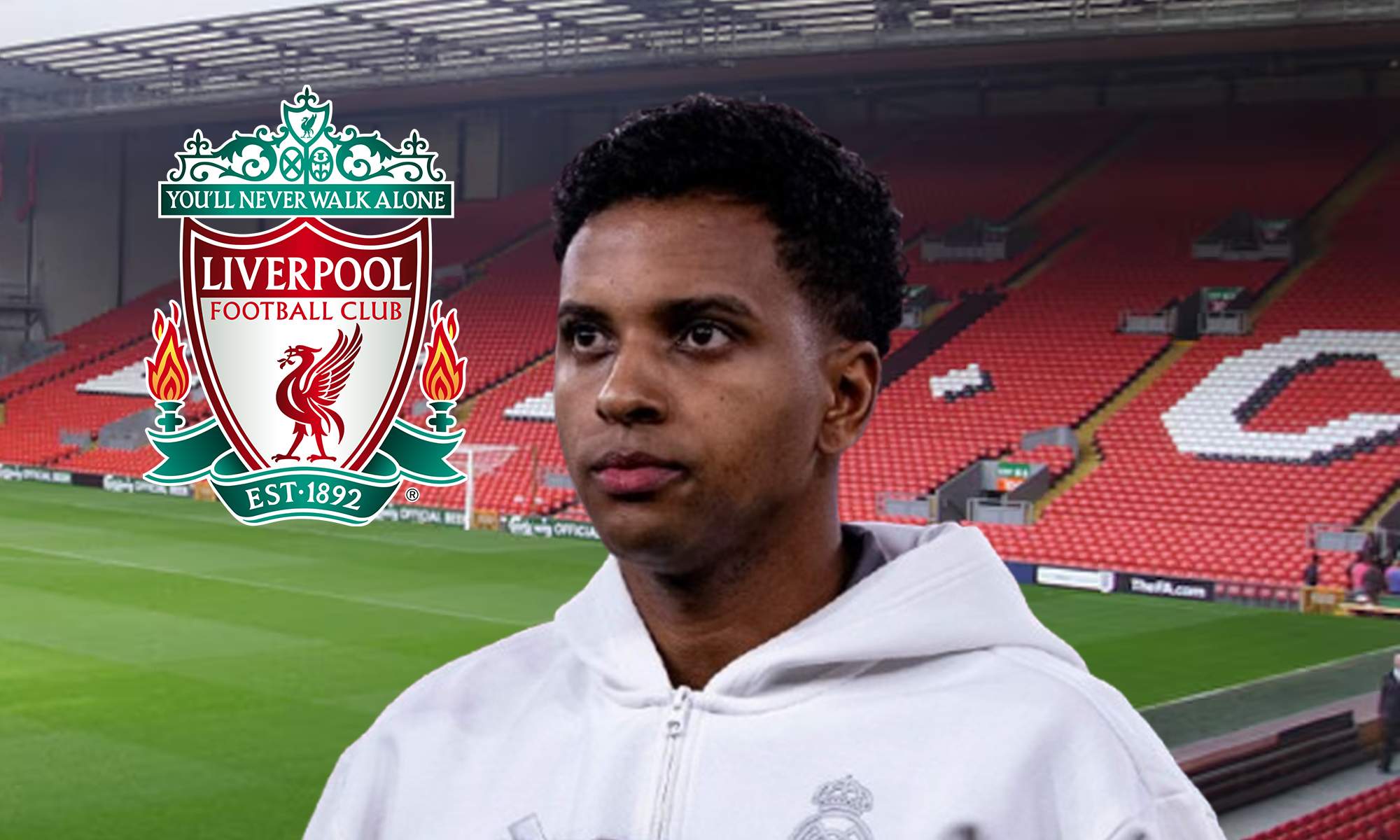 Rodrygo Goes, el escudo del Liverpool y Anfield. 